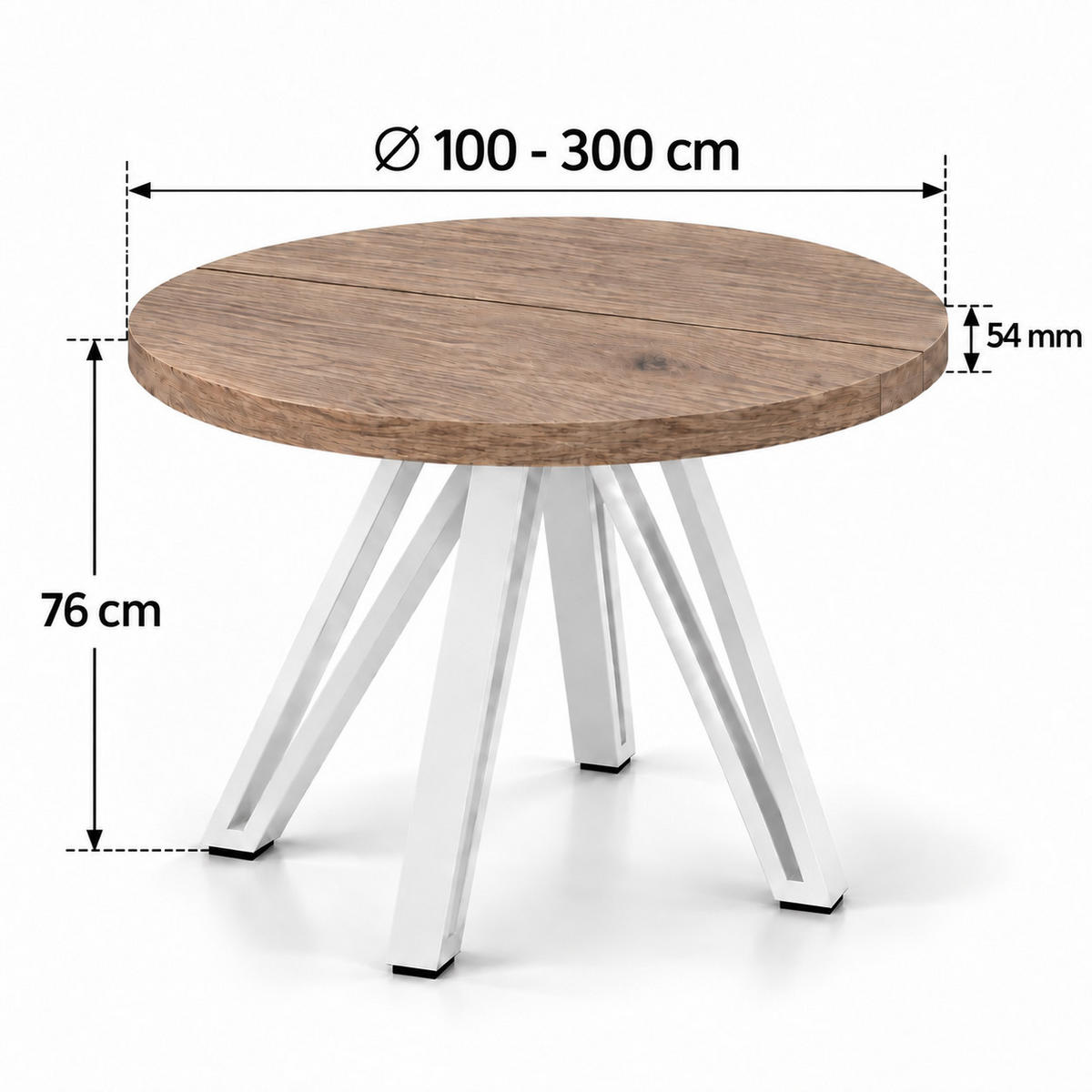 ESSTISCH rund ausziehbar 100/300/76 cm, Graubraun Eiche Halifax Egger, 54 cm Tischplatte + Industrial Metallgestell Weiß - Eichefarben/Graubraun, Holzwerkstoff/Metall (100/300/76cm) - Damale Möbel