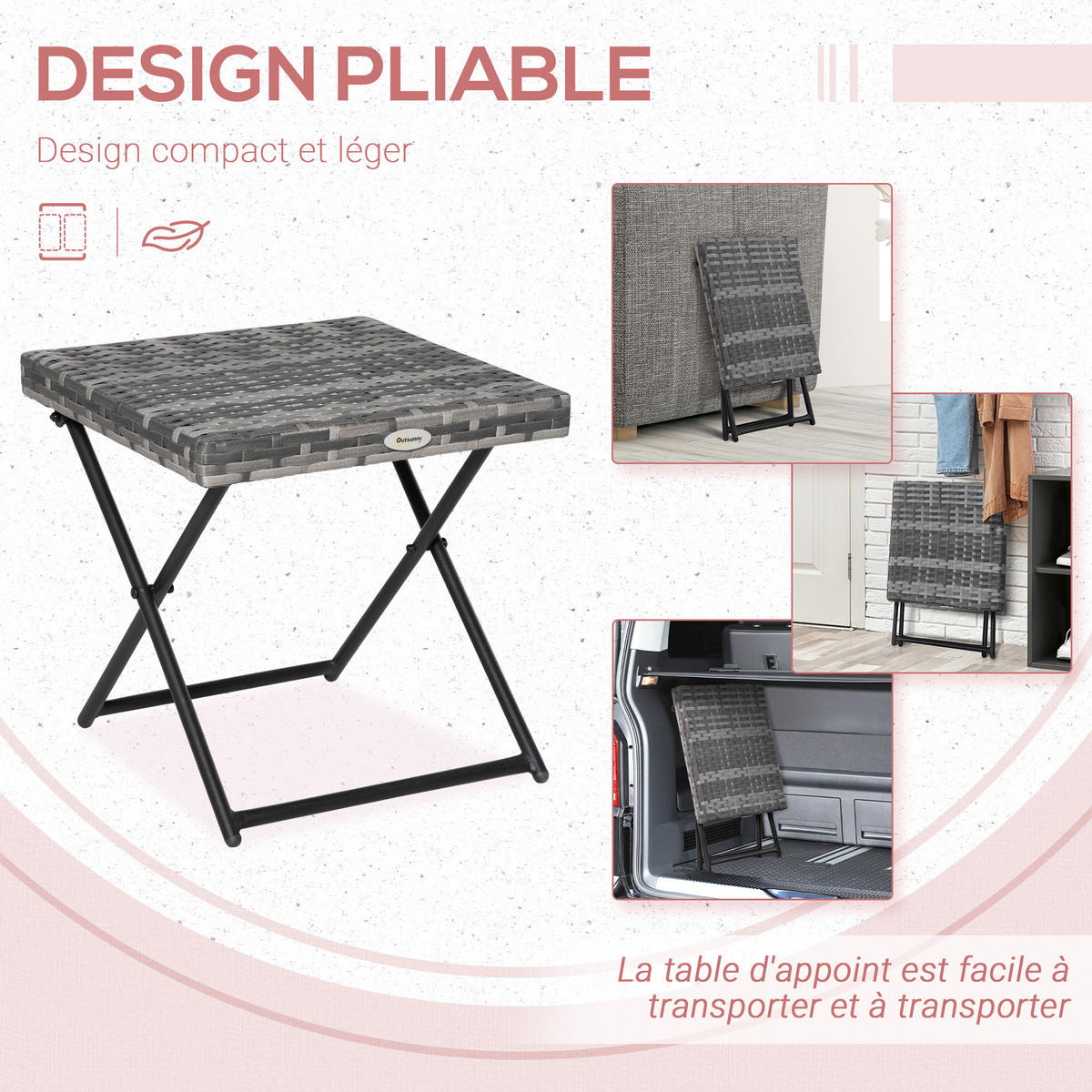 GARTENBEISTELLTISCH DE-13574 klappbar, geflochtene Resine Grau - Grau, Metall (40/40/40cm) - ComfortXL