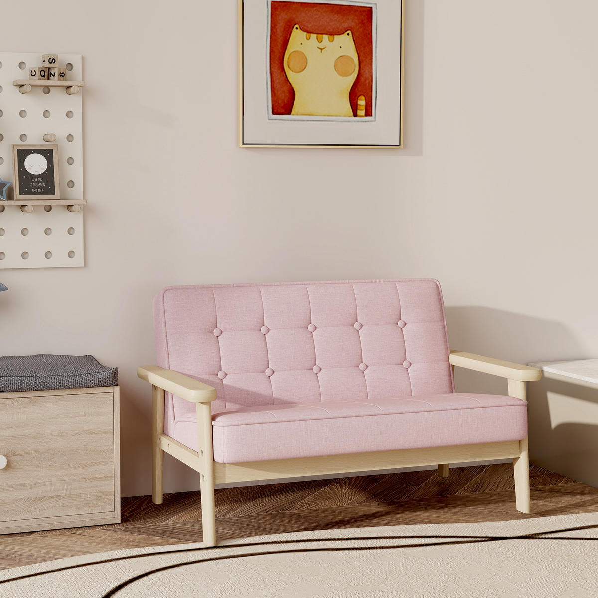KINDERSESSEL Kindersofa gepolsterter Kinderstuhl mit Holzrahmen Samtoptik - Rosa/Naturfarben, Holz/Textil (42/48/77cm) - AIYAPLAY