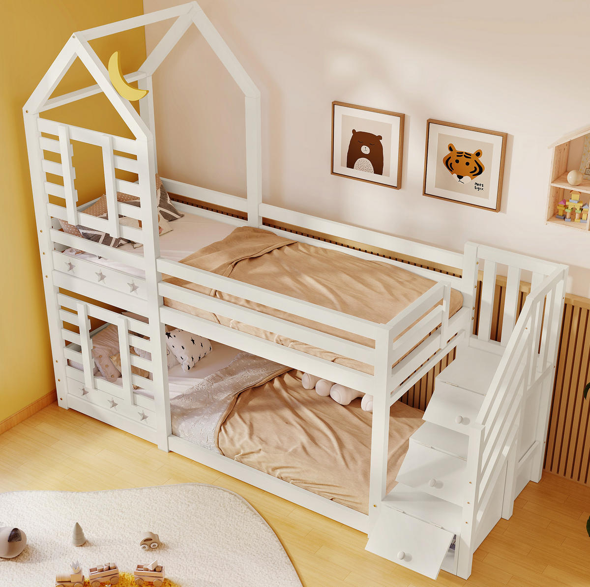 HAUSBETT 90/200 cm Weiß mit Treppe und Stauraum im Hausbett-Design - Weiß, Holzwerkstoff (90/200cm) - Flora Grace