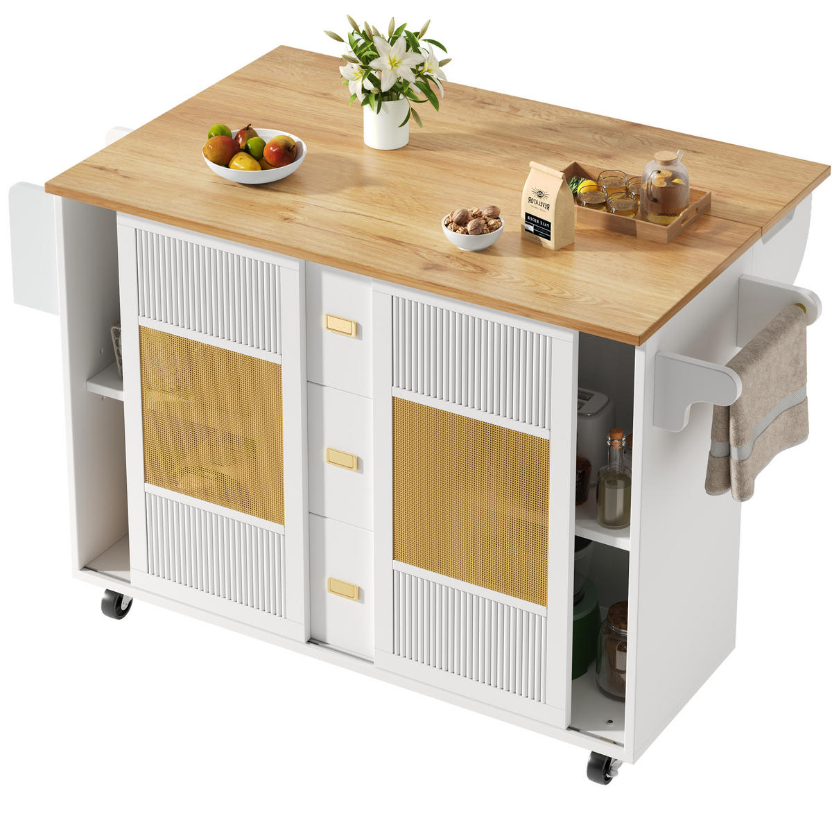 KÜCHENINSEL 146,85/70/90 cm weiß mit Klapptisch und Rollen - Weiß, Holzwerkstoff (146.85/90/70cm) - OKWISH
