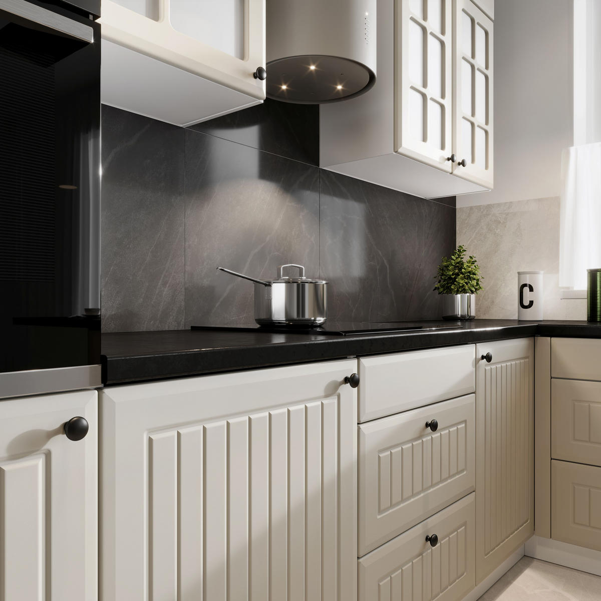 KÜCHENZEILE in U-Form KS7-G600 – Arvion - Viel Stauraum - Kaschmir/Schwarz, Holz/Holzwerkstoff (350/213.3/240cm) - ROYAL24_MARKT