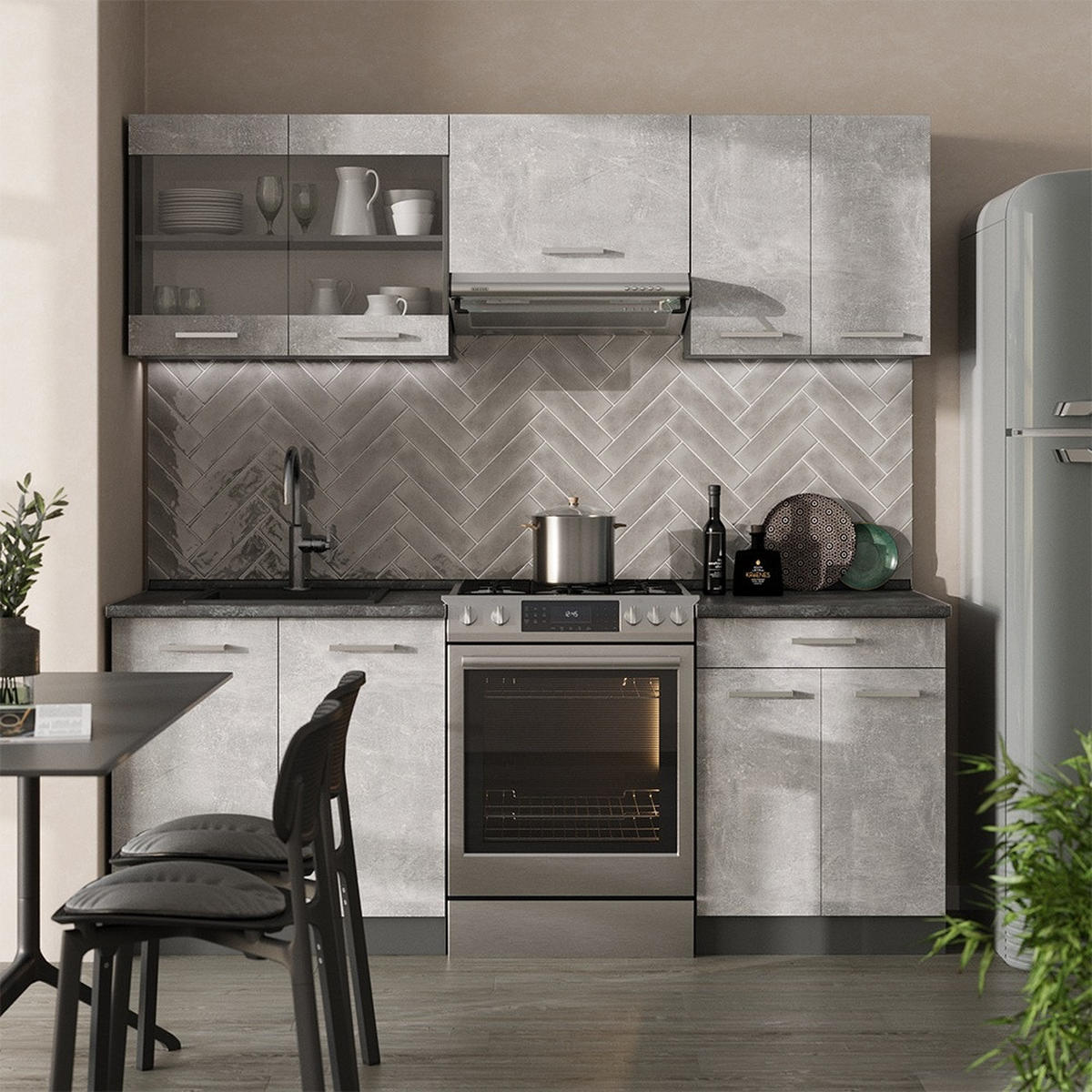 KUHINJSKI BLOK R-Line Beton/antracit 200 cm , DP Hrast - siva/antracit, leseni material (200/81.6/60cm) - Vicco