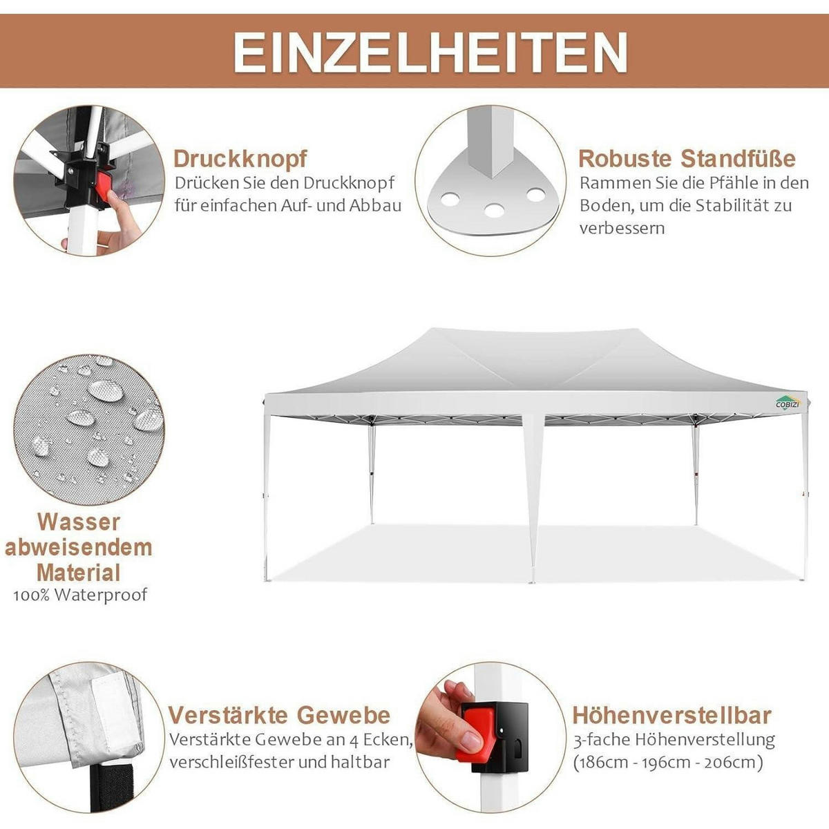 FALTPAVILLON 3 x 6 m Weiß Wasserdicht Höhenverstellbar - Weiß, Textil (300/320/600cm)