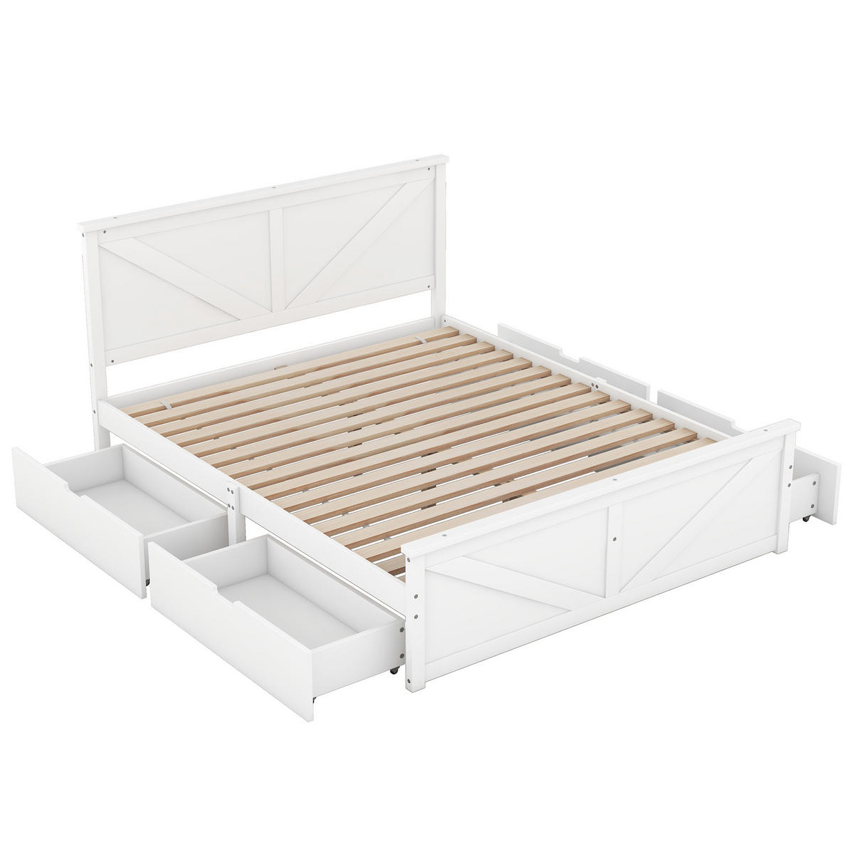 RAHMENBETT 160/200 cm aus Kiefer mit 4 Schubladen und Holz-Kopfteil - Weiß, Holz - BEAOK