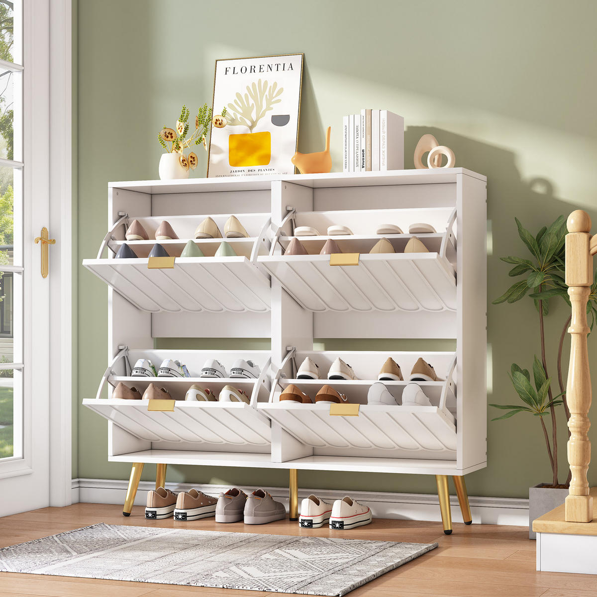 SCHUHSCHRANK Weiß 4 Klappen schmal Kippschutz 100x24x91cm - Weiß, Holzwerkstoff (24/91.25/100cm) - FLIEKS
