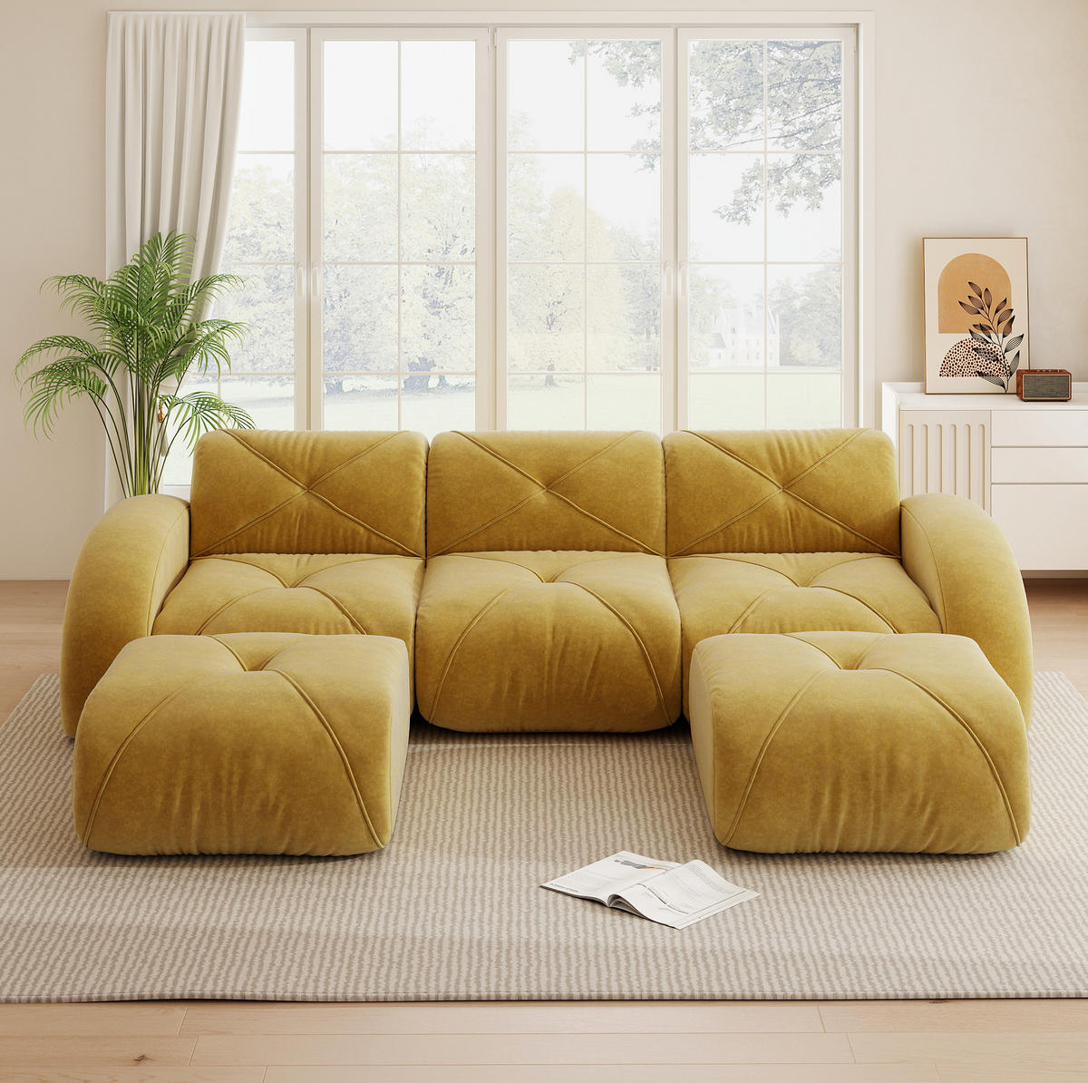 WOHNLANDSCHAFT in Gelb aus Chenille mit Hockern und rahmenlosem Design - Gelb, Textil (171/76/281cm) - Flora Grace