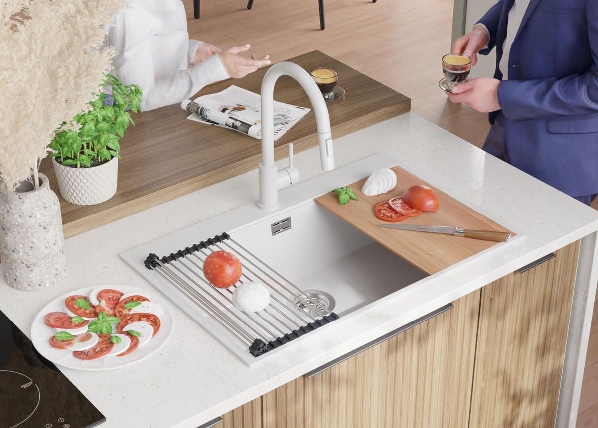 SPÜLBECKEN Oslo, 2-er set Weiß 78/50 cm 1 Becken + Ablauf-Set + Schneidebrett ab 80er Unterschrank - Chromfarben/Beige, Kunststoff (78/20/50cm) - Primagran