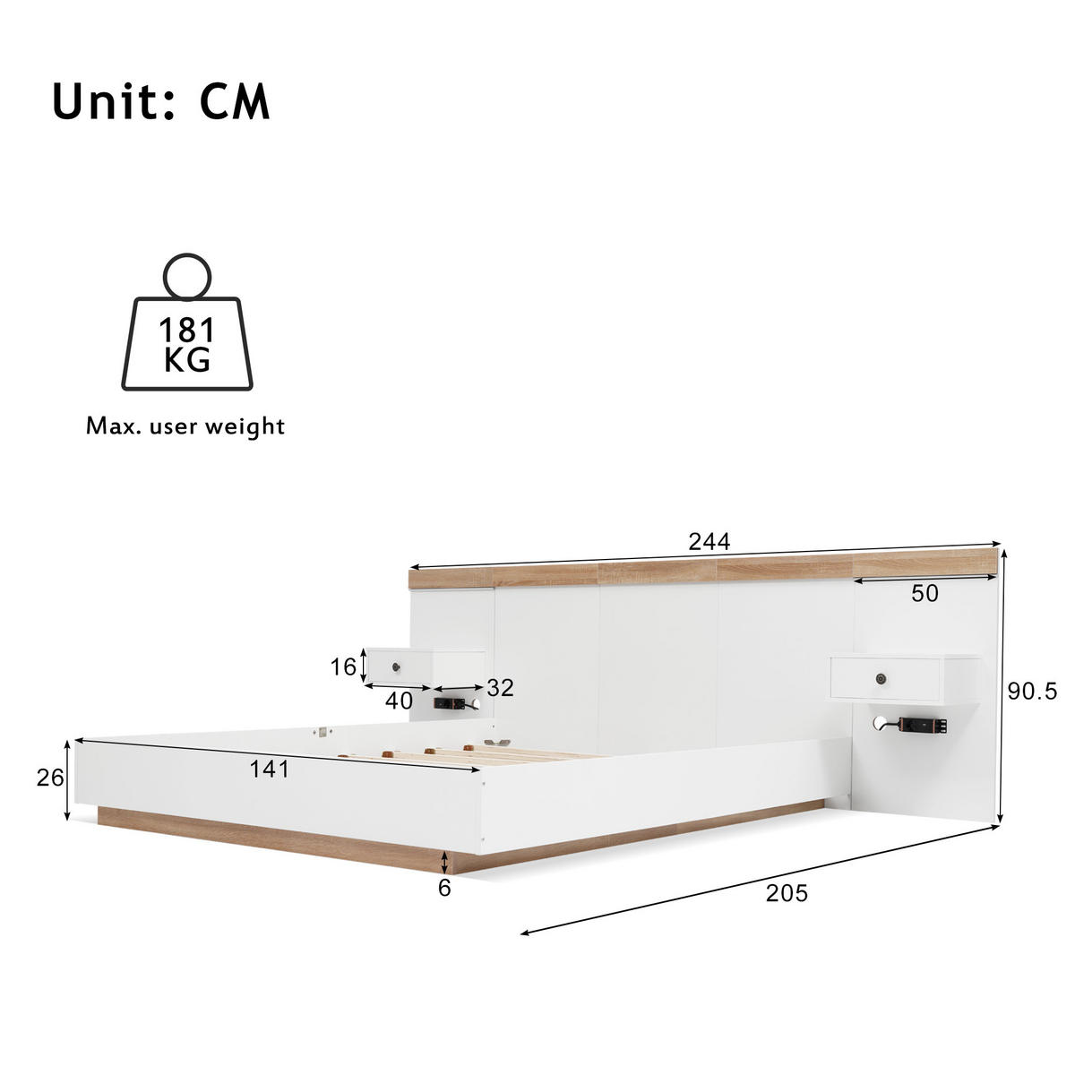 DOPPELBETT 140/200 cm Weiß aus Holzwerkstoff mit LED-Nachttischen und USB-C - Weiß, Holzwerkstoff (140/200cm) - OKWISH