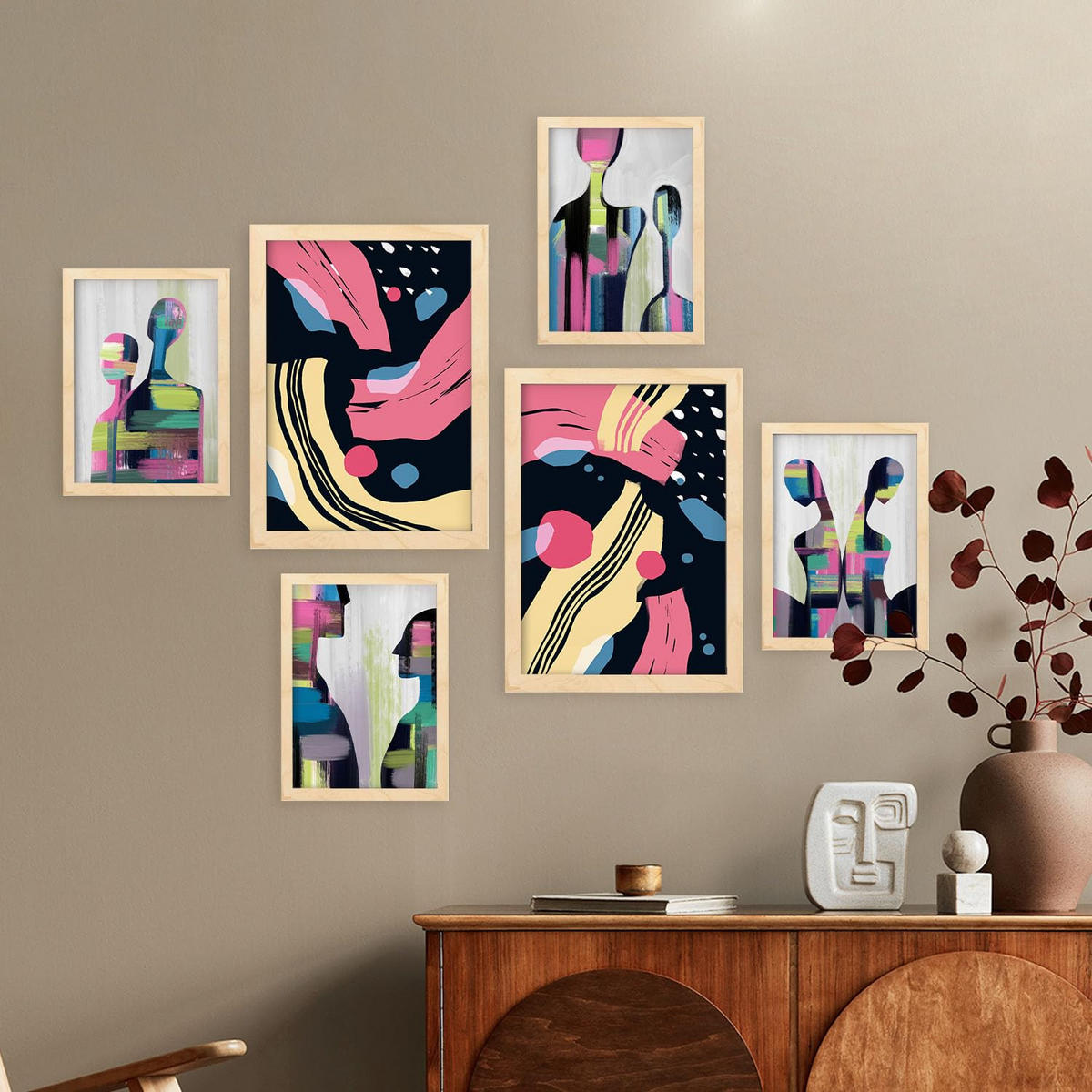 POSTER Set Mit 6 Verhaltensmodi In Liebhaber Abstrakt Ästhetische Dekorative Gemälde Für Ihr Wohnzimmer Zuhause A3 & A4 Rahmen Aus Hellem Holz - Beige, Papier (29/3cm) - Nacnic