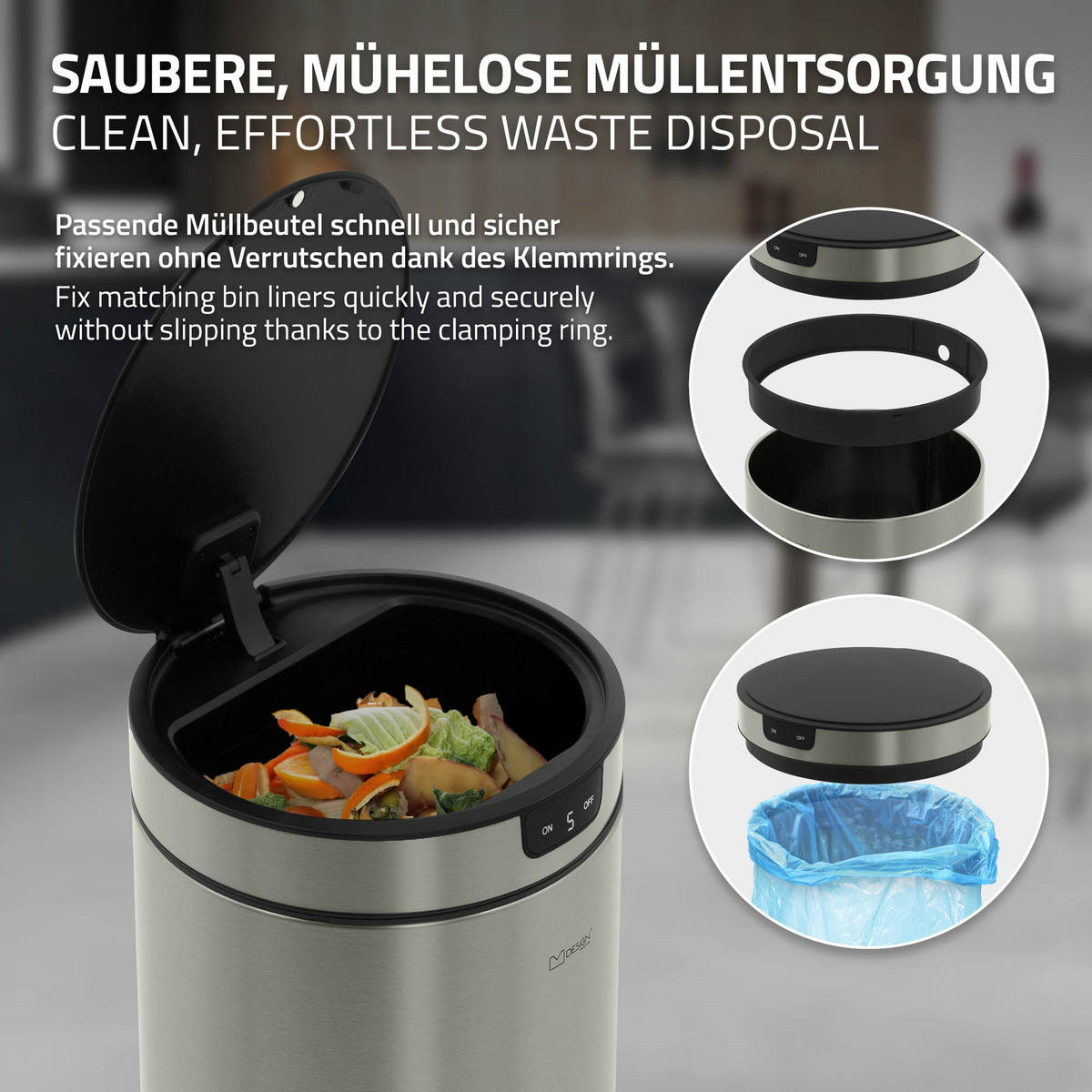 MÜLLEIMER mit Sensor 40L rund aus Edelstahl Silber - Silberfarben, Metall (29/68/29cm) - ML-DESIGN