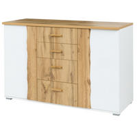 KOMMODE Wood Eiche Wotan / weiß 130 / 45 / 82cm - Weiß Hochglanz/Eichefarben, Holz/Holzwerkstoff (130/82/45cm) - Feldmann-Wohnen