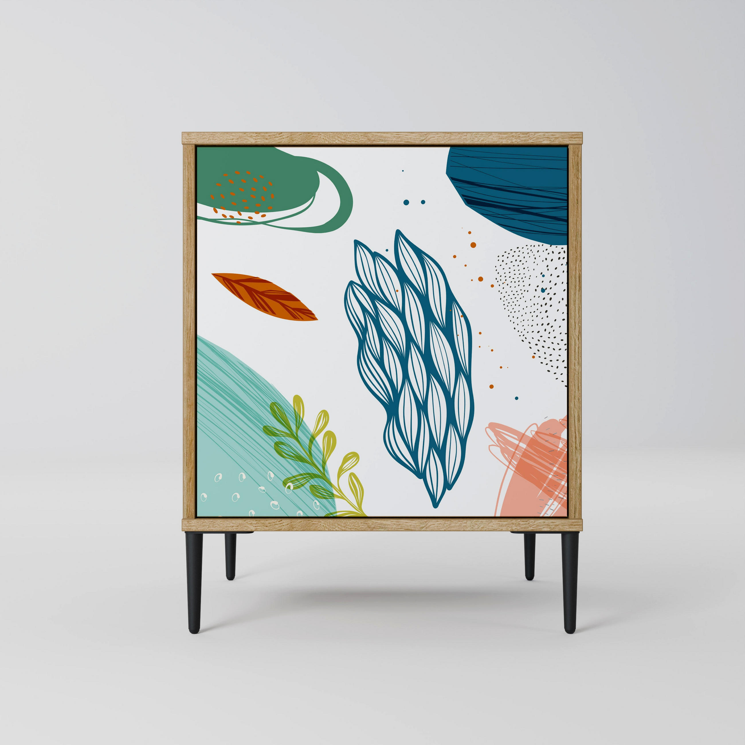 SIDEBOARD BOTANICAL HURRICANE, Eichefarben, 57,5x42x72,5 cm, Schwarze Metallfüße - Eichefarben/Multicolor, Holzwerkstoff/Metall (57.5/72.5/42cm) - SpaceRebels