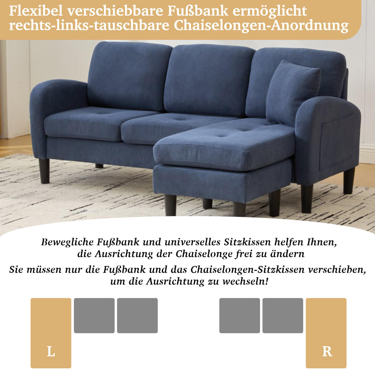 ECKSOFA L-Form Cord mit modularer Chaiselongue Blau 166/118/77 cm - Blau, Textil (166/118cm) - Redom