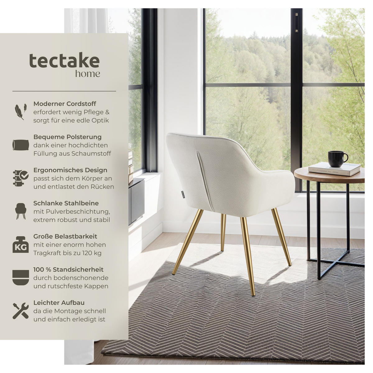ESSZIMMERSTUHL 2er Set Marilyn 58 x 62 x 82 cm creme/gold - Goldfarben/Creme, Kunststoff (62/82/58cm) - tectake