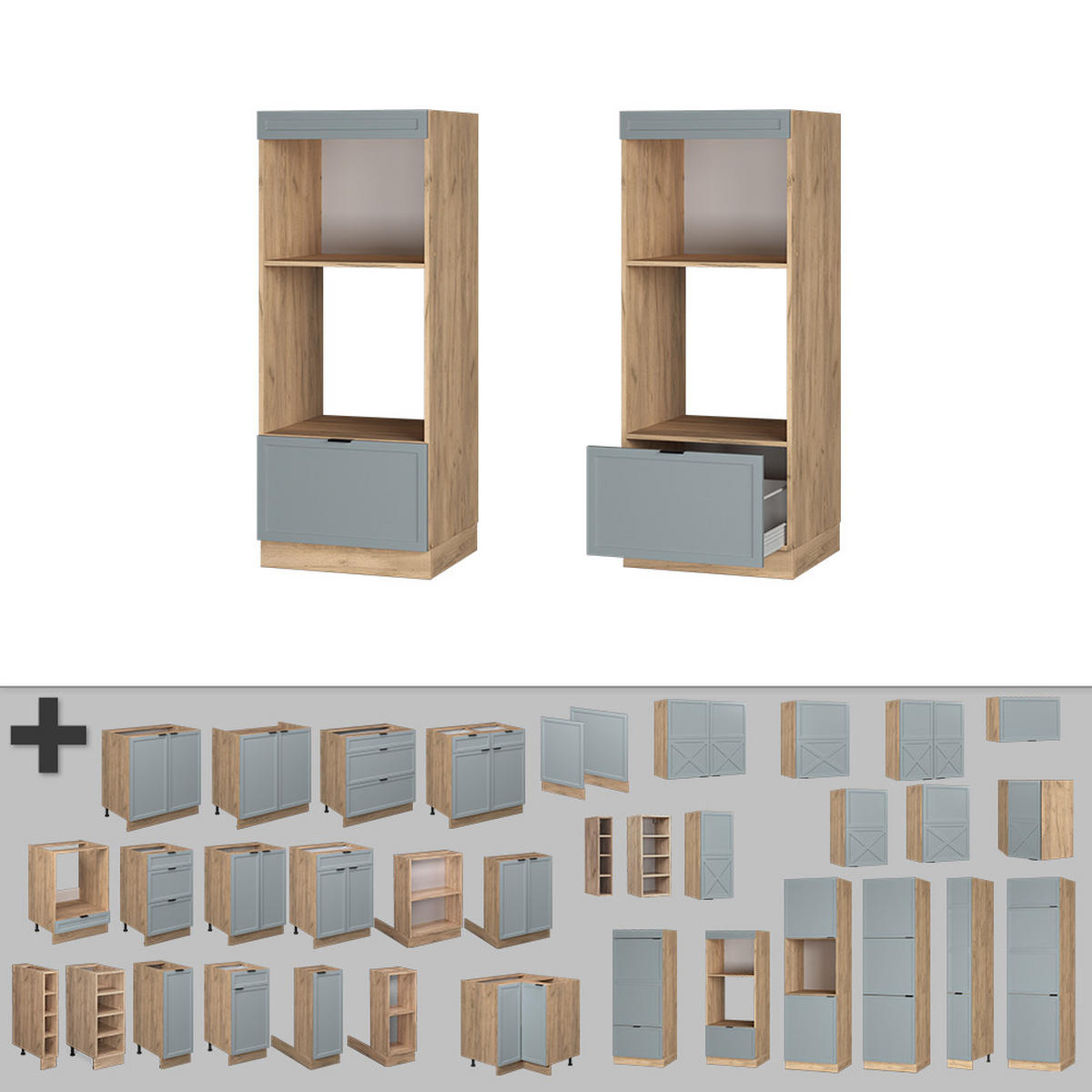 MIKROWELLENSCHRANK Fame-Line Hellblau-grau 60 cm offen - Honigeiche/Eiche Wotan, Holzwerkstoff (60/153.6/58.1cm) - Vicco