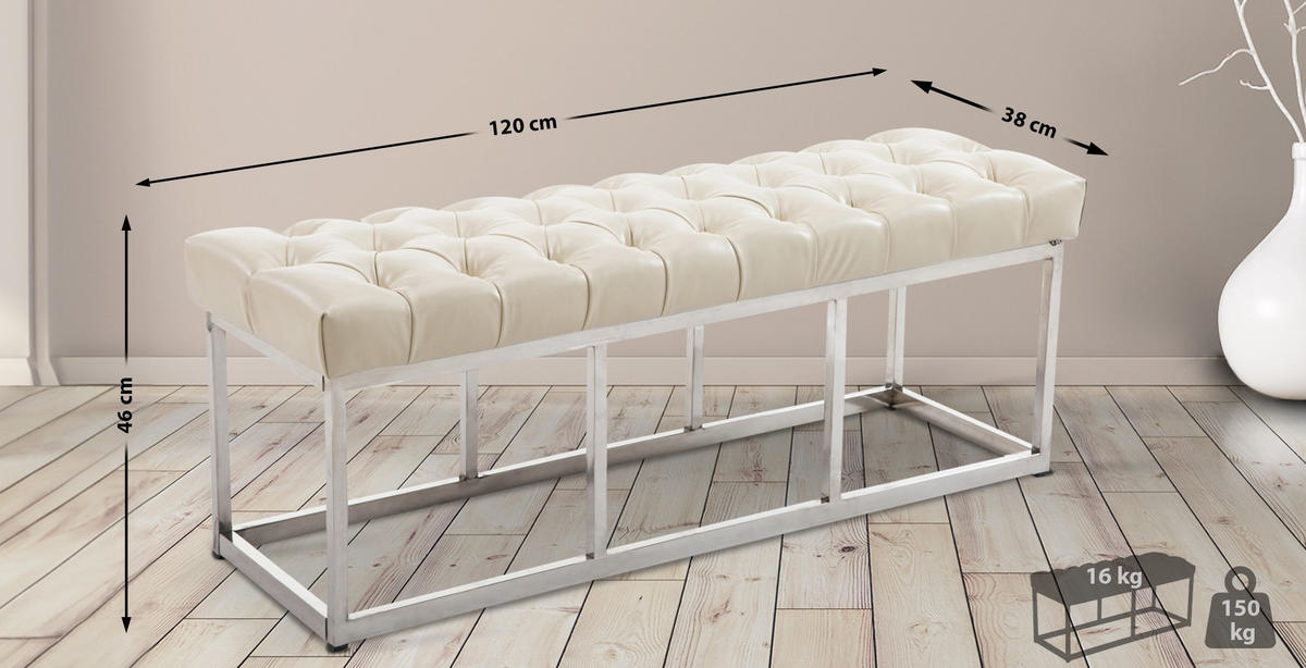 SITZBANK 120/38 cm Kunstleder creme - Edelstahlfarben/Creme, Textil/Metall (120/46/38cm) - CLP