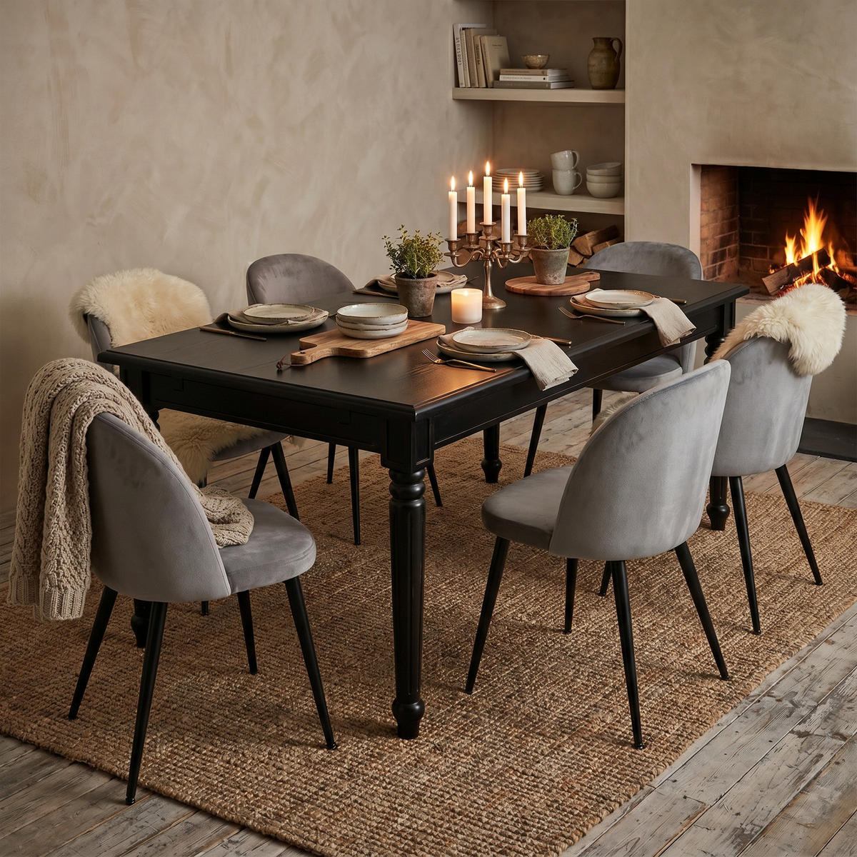 ESSGRUPPE Amaretta mit Esstisch Schwarz und 6 Stühlen Grau, 180 x 100 cm - Grau, Holz/Textil (180/75/100cm) - ebuy24