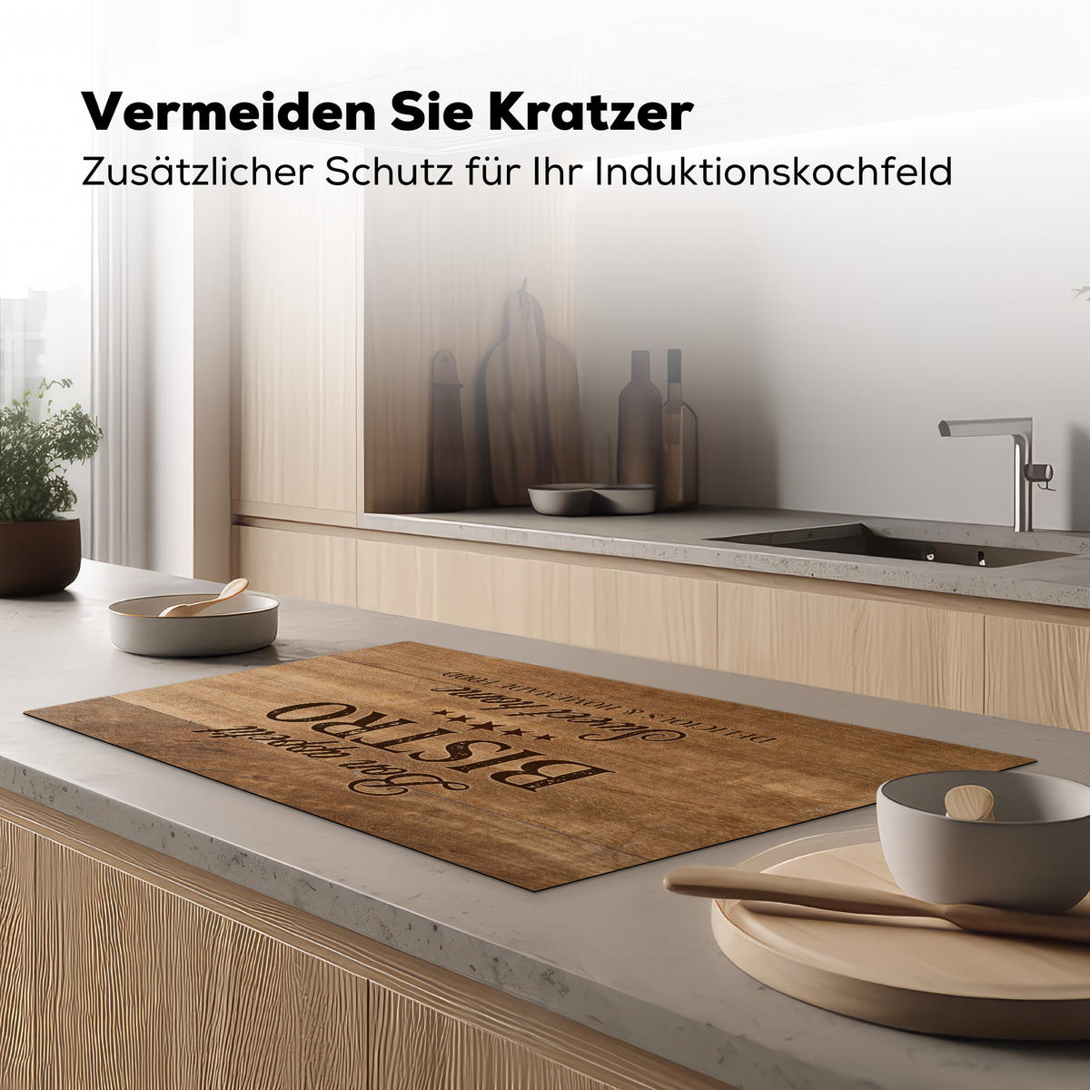 HERDABDECKPLATTE Zitat - Bistro - Guten Appetit - Süßes Zuhause - Holzmaserung 90x52 cm - Braun, Kunststoff (90/0.2/52cm) - MuchoWow