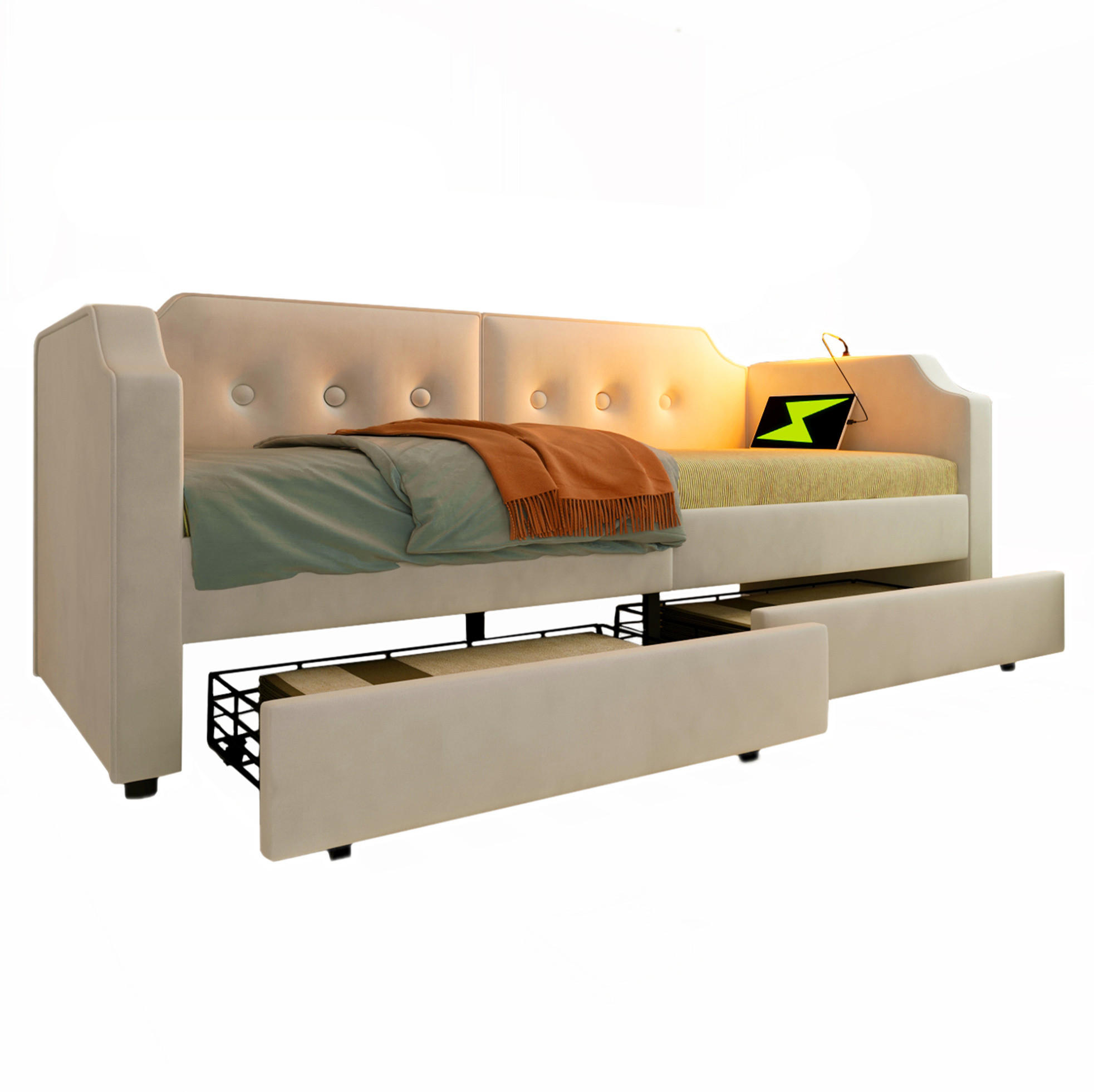 SAMT-POLSTERBETT 90/200 cm mit Lattenrost, 2 Schubladen und USB-Type-C - Beige, Textil (90/200cm) - BEAOK