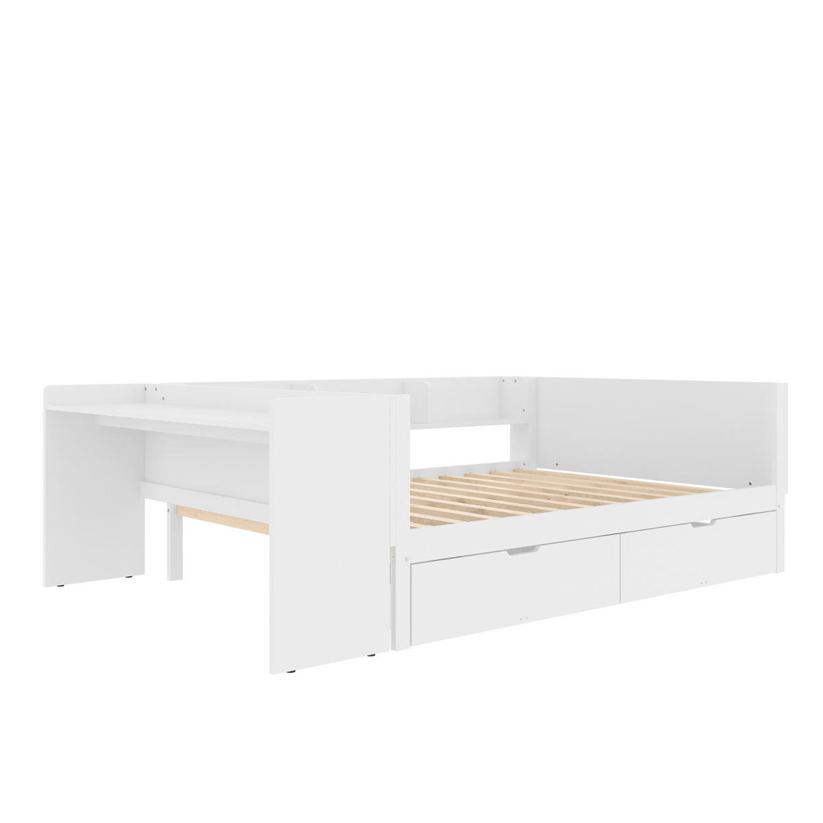 KINDERBETT aus Kiefer und Spanplatte 140x200 cm Weiß mit Schreibtisch, 2 Schubladen und 3 Regalen - Weiß, Holzwerkstoff (140/200cm) - Modfu