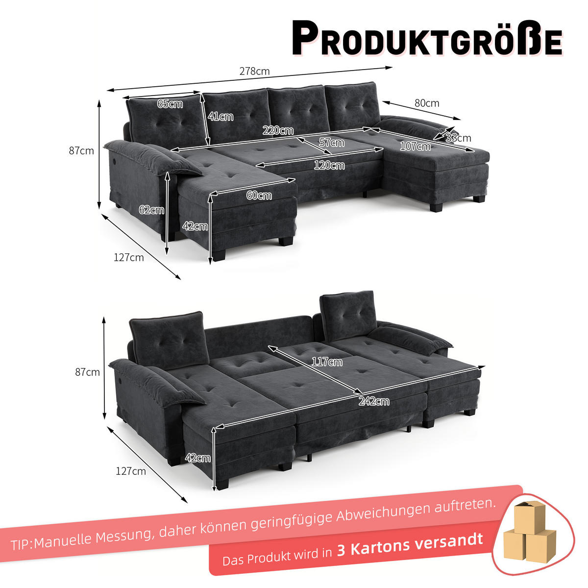 SCHLAFSOFA aus Chenille 278x127x87 cm Grau mit USB-Anschluss, abnehmbaren Armlehnen und Ausziehfunktion - Grau, Textil (278/87/127cm) - Modfu