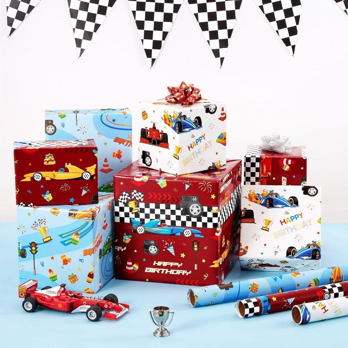 GESCHENKPAPIER 3er Set Rennauto 43 cm x 3 m - Multicolor, Papier (0.1/0.1/0.1cm)