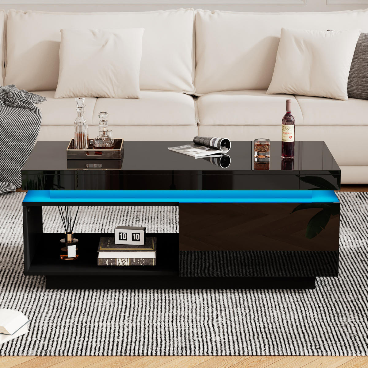 COUCHTISCH aus Spanplatte 100x50x40,3 cm in Schwarz mit LED-Beleuchtung - Schwarz, Holzwerkstoff (100/50/40.3cm) - Modfu