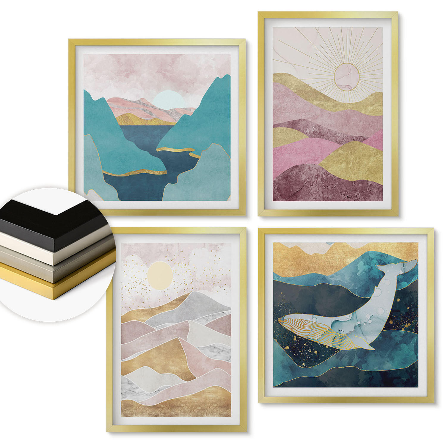 WANDBILDER 4er Set - 50x50 cm & 40x60 cm Goldrahmen - Abstrakte Berge Sonne - Goldfarben, Kunststoff (50/50cm) - ArtPrintCave