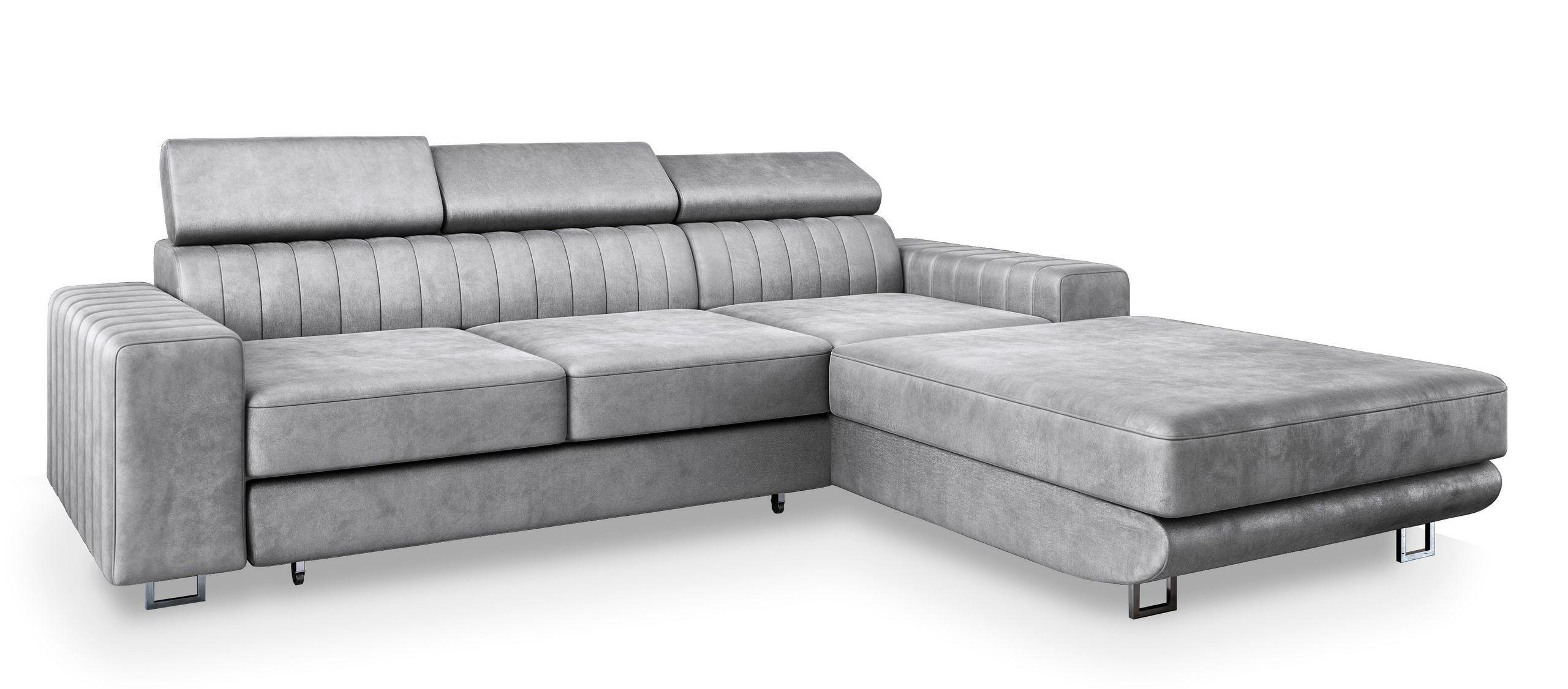 ECKSOFA NOTO R-S Hellgrau Velours-Stoff mit Schlaffunktion - Hellgrau, Holz (267/190cm) - MASSENO
