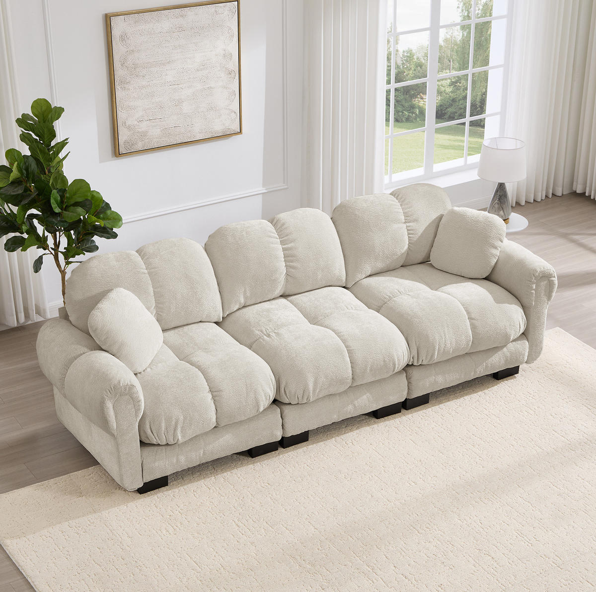 SOFA 260/86/90 cm in Hellkhaki aus Chenille mit Steppnähten - Sandfarben, Textil (86/90/260cm) - Flora Grace