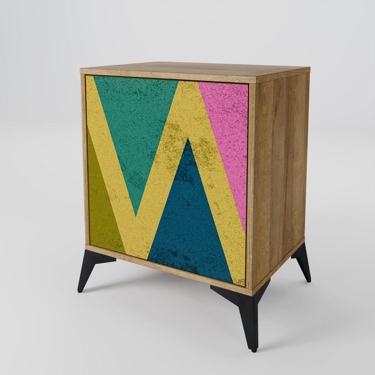 SIDEBOARD COLORFUL TRIANGLES, Eichefarben, 57,5x42x72,5 cm, Schwarze Metallfüße - Eichefarben/Multicolor, Holzwerkstoff/Metall (57.5/72.5/42cm) - SpaceRebels