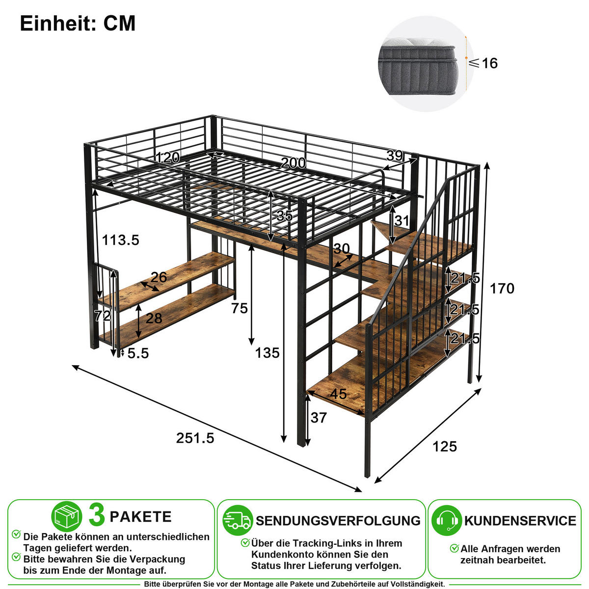 VYVÝŠENÁ POSTEL 120/200 cm v černé a tmavě ořechové barvě s nabíjením - černá, kov/kompozitní dřevo (120/200cm) - CHICFURN