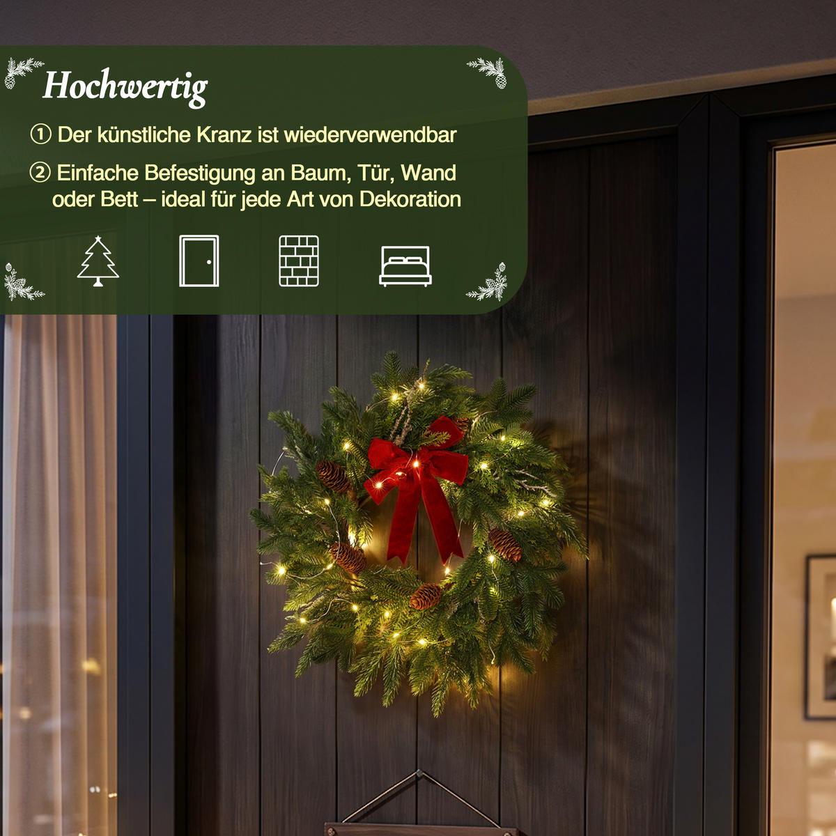 RUNDER Weihnachtskranz Ø45cm mit roter Schleife, 25 LEDs,Timer - Dunkelgrün, Naturmaterialien (45cm) - Hometopia
