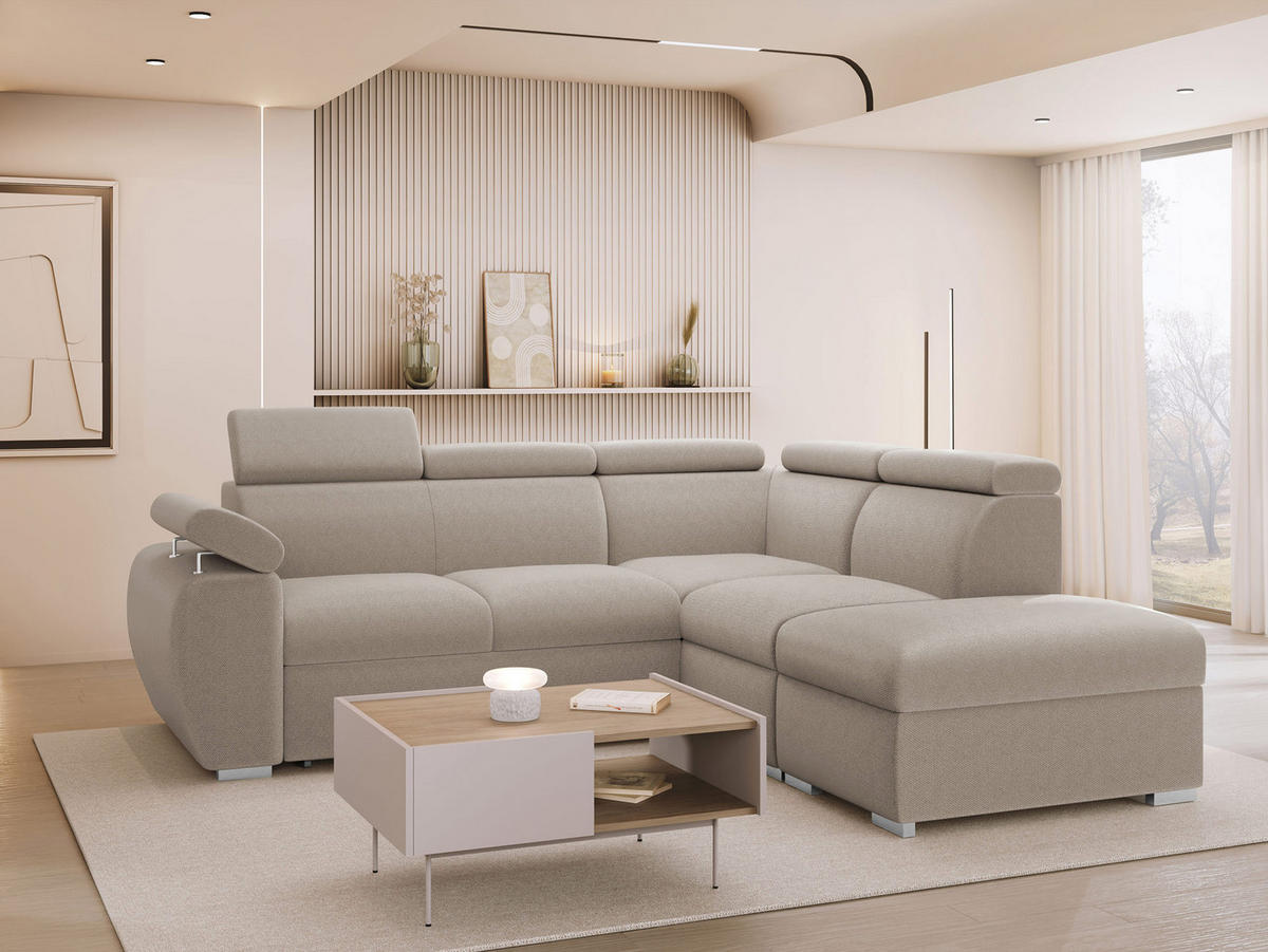 ECKSOFA Boston 2RR1P, Seite: Rechts 2R+R+1P(65)+PUFAP - Silberfarben/Naturfarben, Holz/Textil (260/230cm) - MIRJAN24