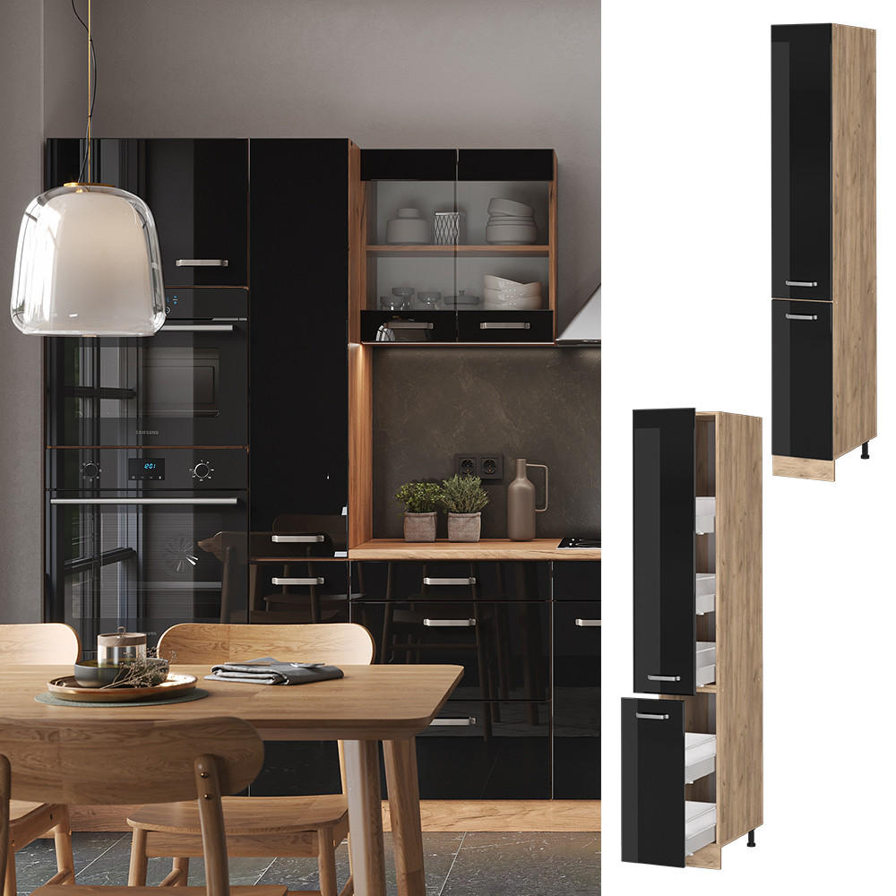 APOTHEKERSCHRANK R-Line Schwarz Hochglanz 30 cm - Honigeiche/Schwarz Hochglanz, Holzwerkstoff (30/206.8/57.2cm) - Vicco
