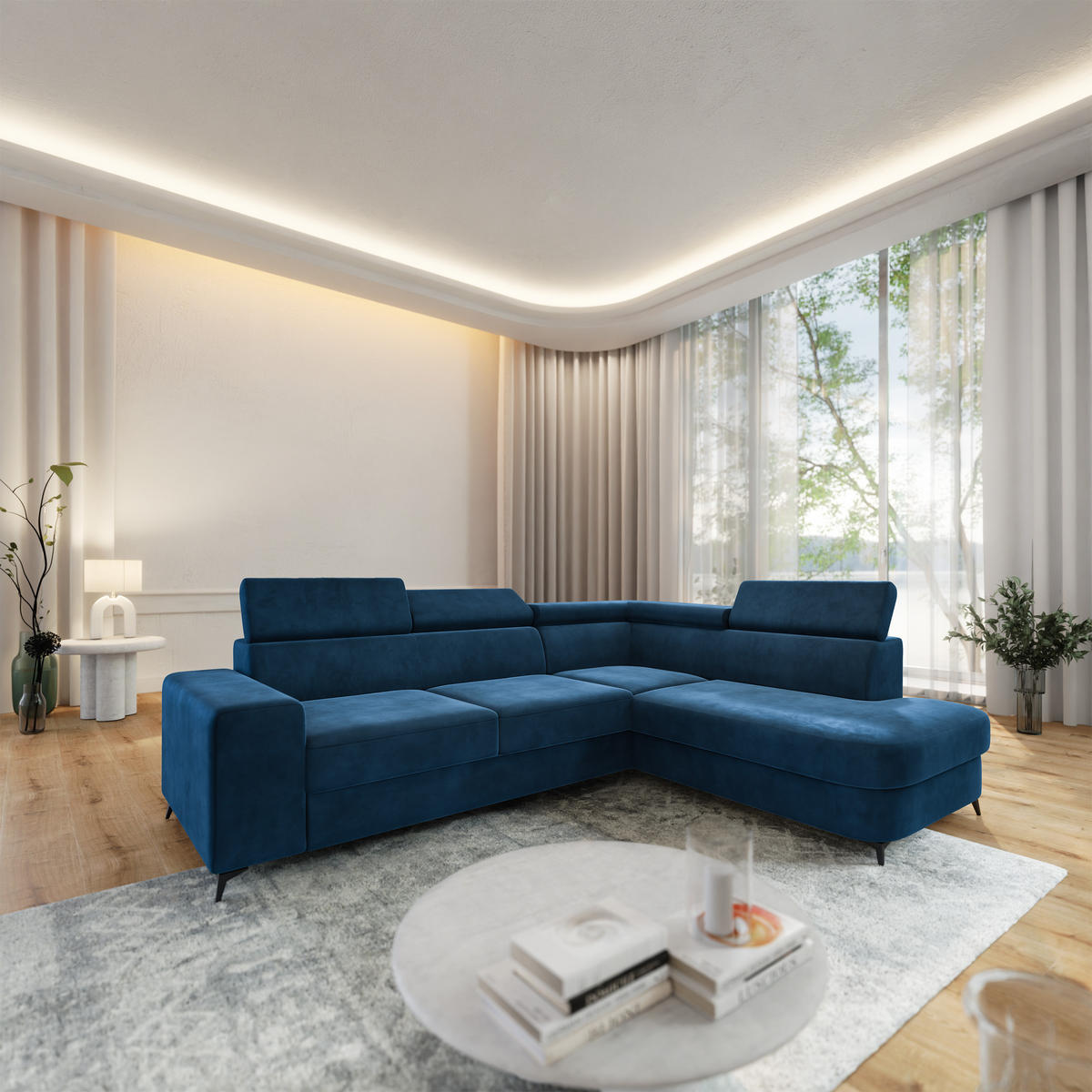 ECKSOFA ALVORO R-S Blau Velours-Stoff mit Schlaffunktion - Blau, Holz (253/190cm) - MASSENO