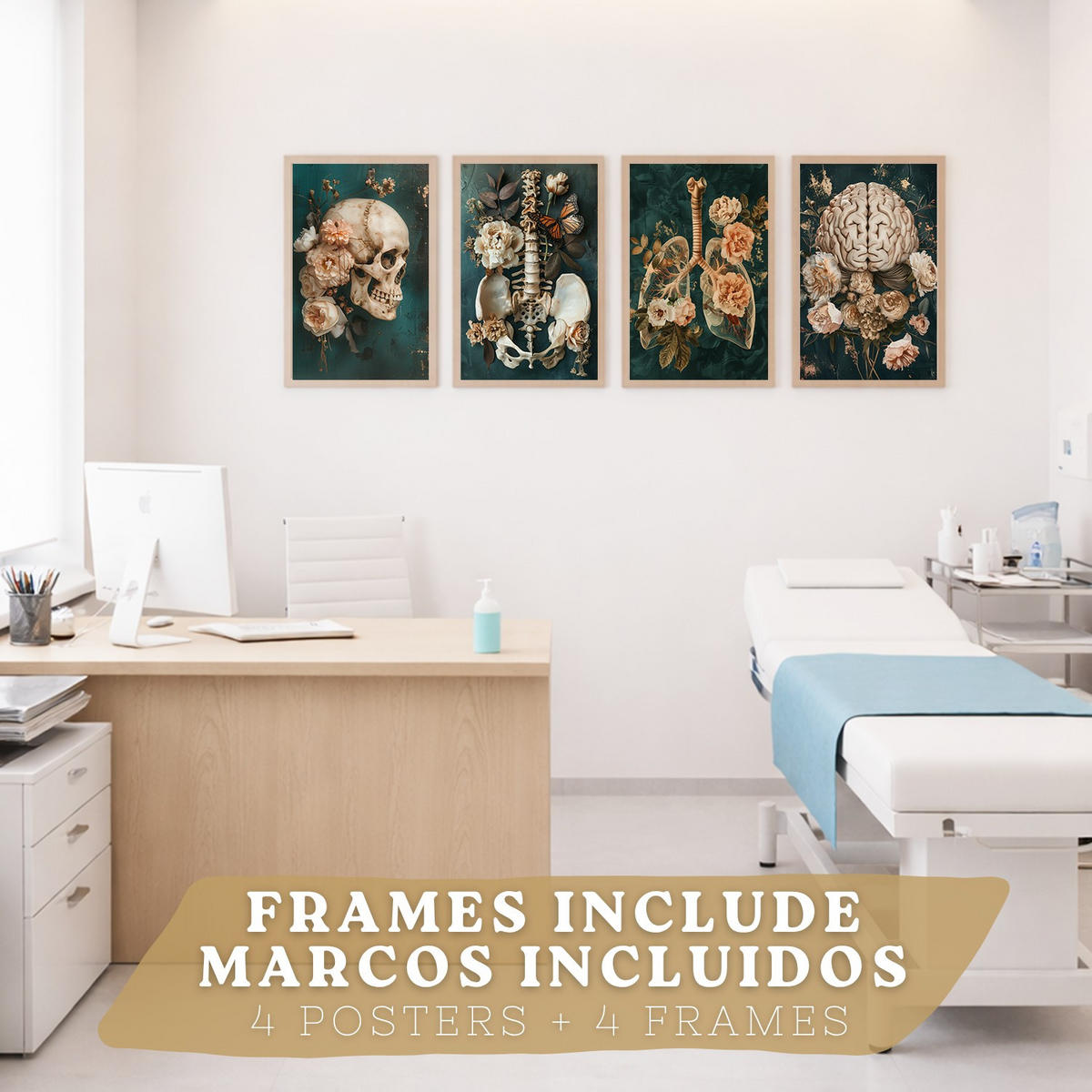 POSTER Set aus 4 Anatomie Mensch Drucke und mit Schädel Gehirn Lungen Luftröhre Bronchien Becken Wirbelsäule Florales Größe Leichter Holzrahmen A3 - Beige, Papier (29.7/42/3cm) - Nacnic