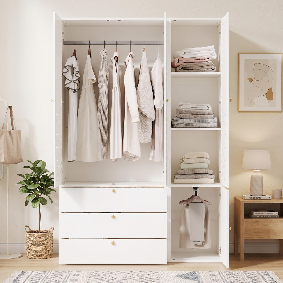 KLEIDERSCHRANK Weiß 3 Lamellentüren 3 Schubladen 2 Kleiderstangen Hosenhalter - Weiß, Holzwerkstoff (135/200/50cm) - Urban Meuble