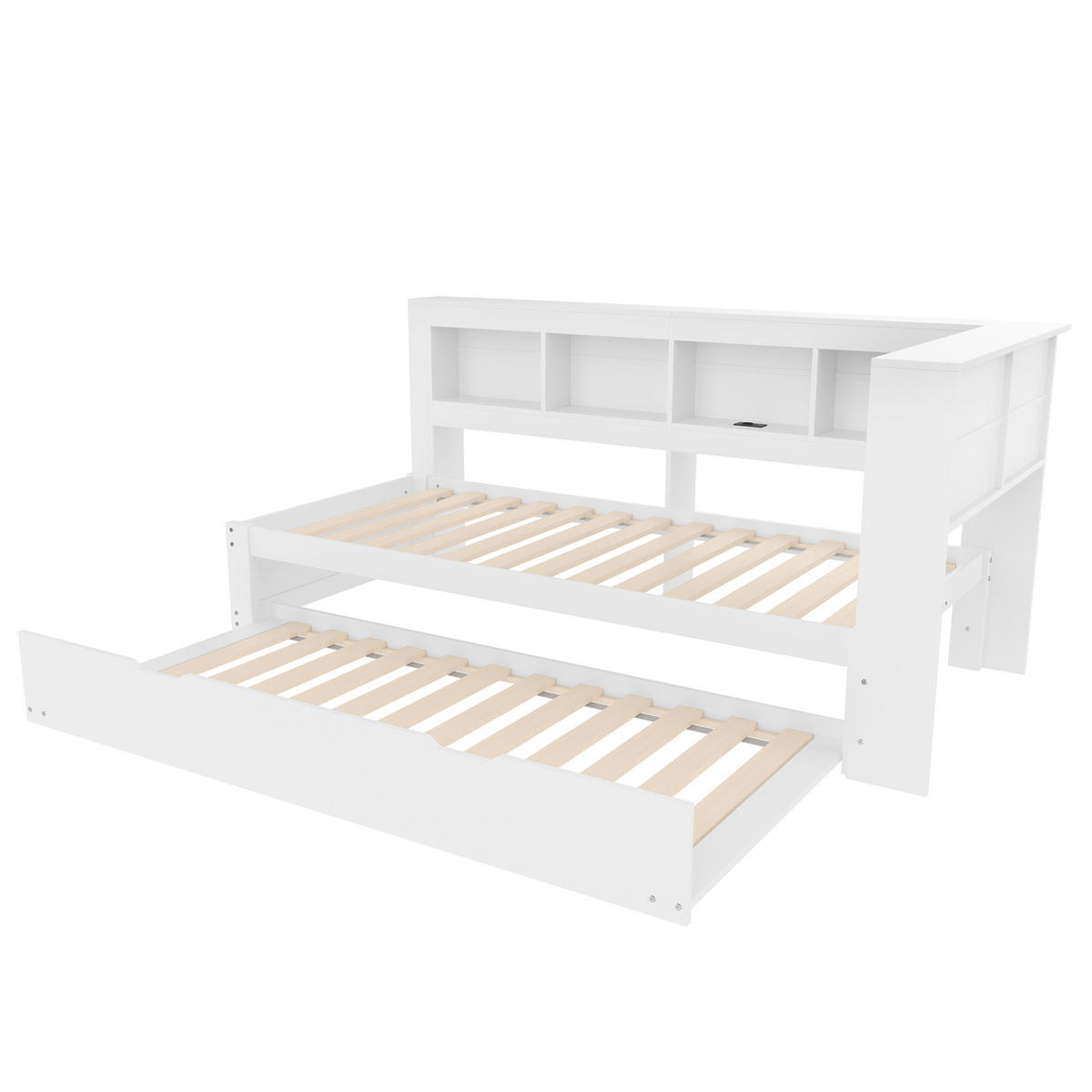 MULTIFUNKTIONSBETT 90/200 cm mit ausziehbarem Rollbett und 2 USB-Anschlüssen Weiß - Weiß, Holz - OKWISH
