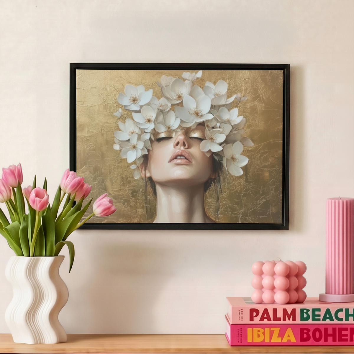 LEINWAND Bilder mit Rahmen - Gesicht - Blumen - Gold - Abstrakt - 40x30 - Goldfarben, Textil (40/30cm) - MuchoWow