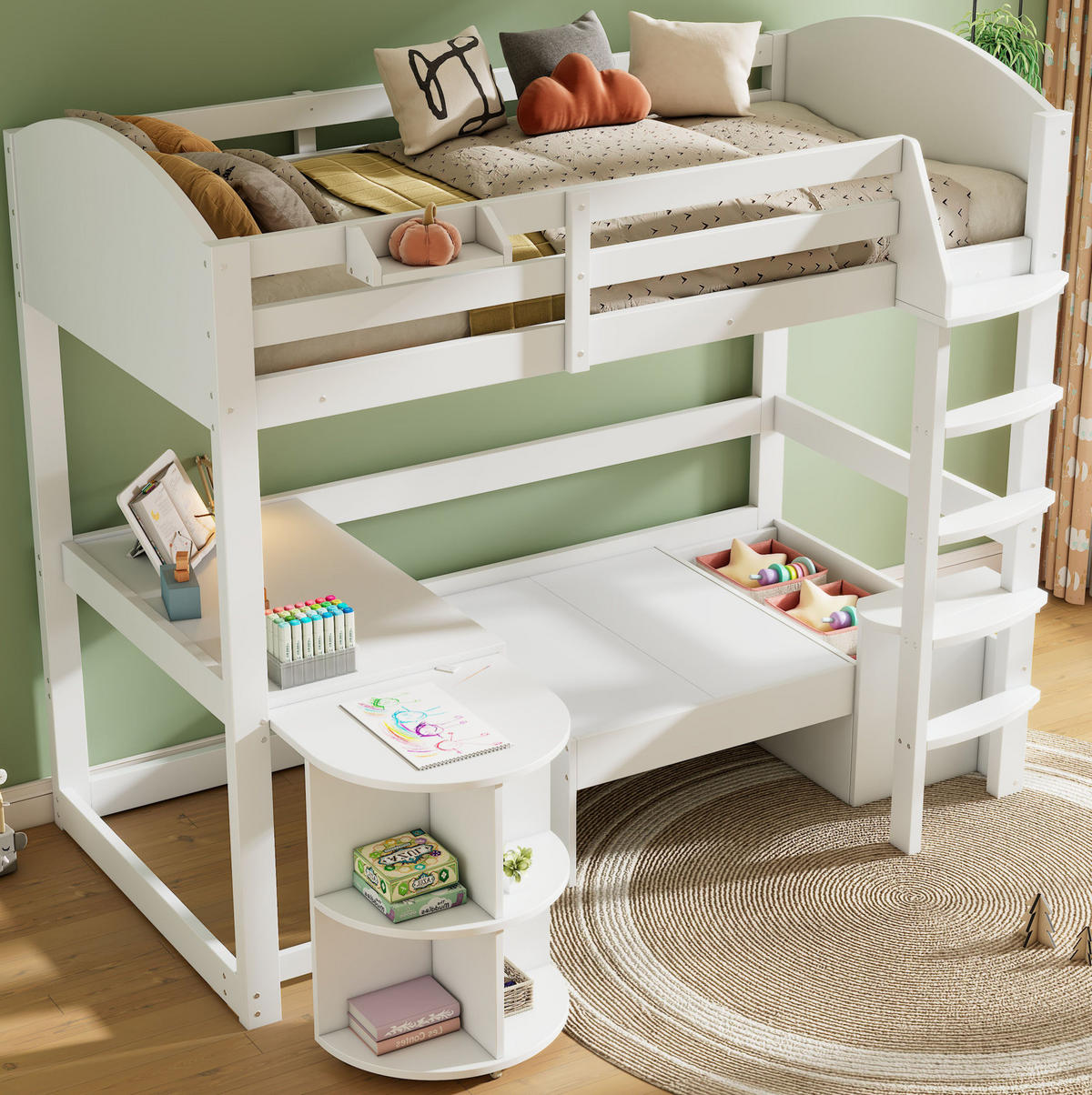 HOCHBETT 90/200 cm aus Massivholz mit Sofa und ausziehbarem Schreibtisch - Weiß, Holzwerkstoff (90/200cm) - Flora Grace