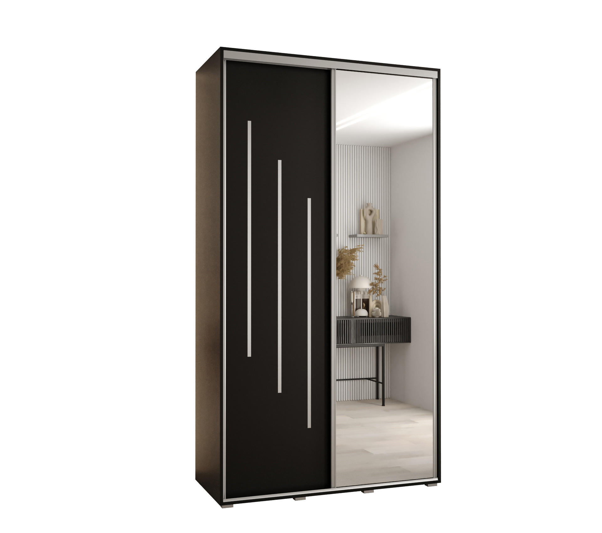 Abiks Möbel SCHWEBETÜRENSCHRANK Schwarz, Schwarz, Silber 140cm × 45cm × 235cm