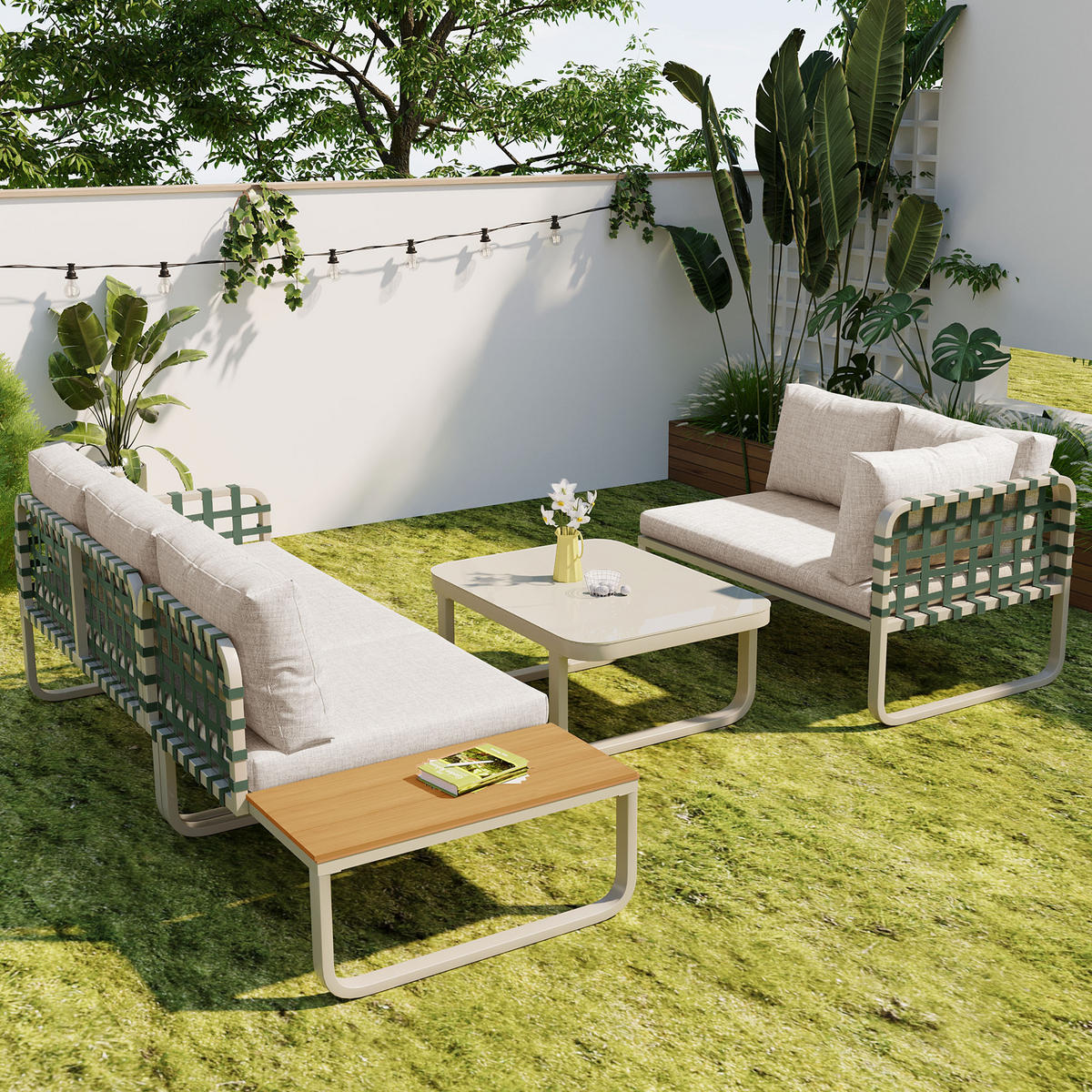 GARTEN Lounge Set 4 bis 5 Sitzer Grünes Leder Rattan Sofa mit Kissen Balkonset für Garten und Terrasse Aprikose - Creme, Metall - FLIEKS