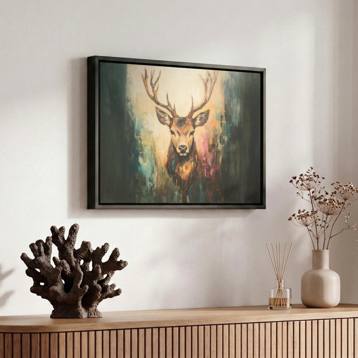 LEINWAND Bilder mit Rahmen - Hirsch - Gemalt - Geweih - Braun - 30x20 - Haselnussfarben, Textil (30/20cm) - MuchoWow