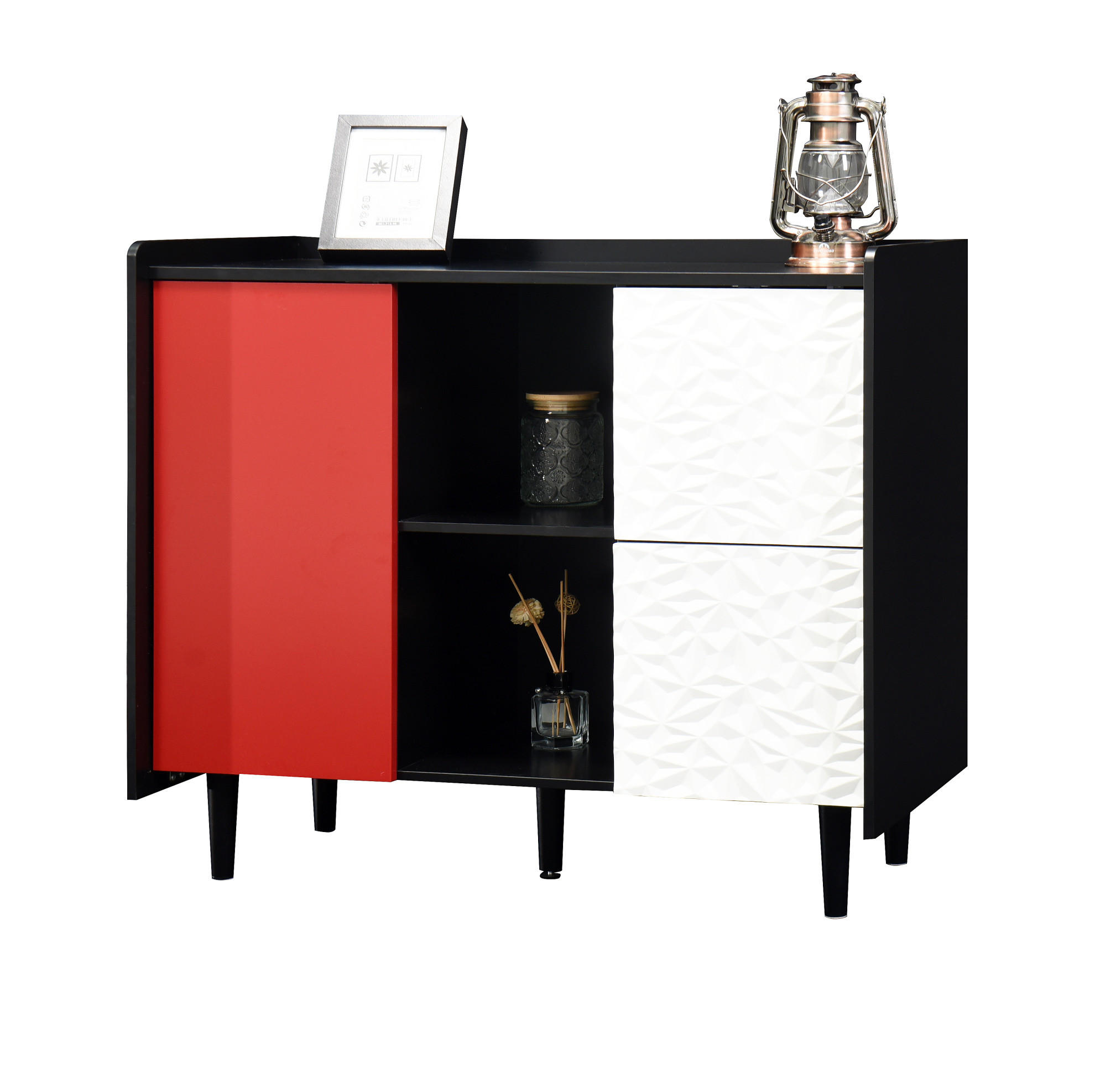 SIDEBOARD 90/40/80 cm schwarz-rot aus MDF mit 2 Schubladen und offenen Fächern - Schwarz, Holzwerkstoff (90/80/40cm) - OKWISH