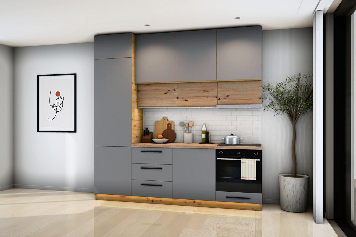 KÜCHENZEILE Nexa Grau & Woodline – 240 cm – K17-G240 - Hellbraun/Eiche Artisan, Holzwerkstoff (240/248/58cm) - ROYAL24_MARKT