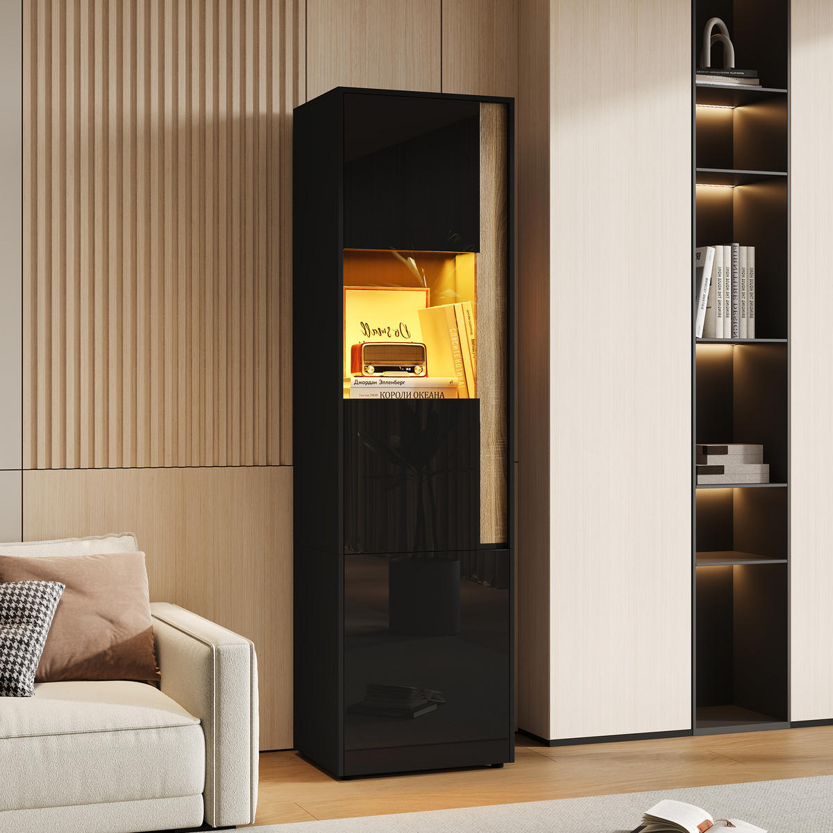 VITRINE 50x40x179 cm Schwarz Natur mit LED und 2 Türen - Schwarz, Holzwerkstoff (50/179/40cm) - FLIEKS