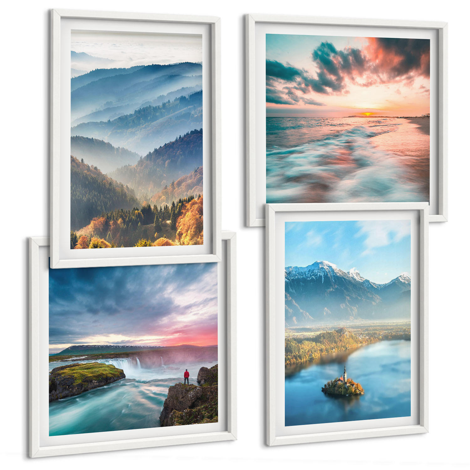 BILDER SET 4er Set - 50x50 cm & 40x60 cm Weißer Rahmen - Berglandschaften, Wasserfälle - Weiß, Kunststoff (50/50cm) - TULUP