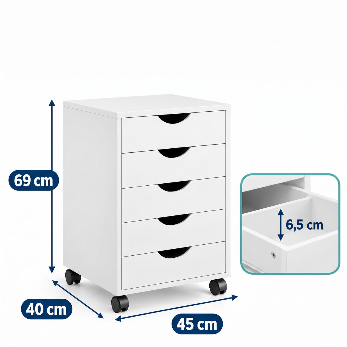 ROLLCONTAINER Weiß 5 Schubladen auf Rollen 69 cm - Weiß, Holzwerkstoff/Kunststoff (45/69/40cm) - Relaxdays